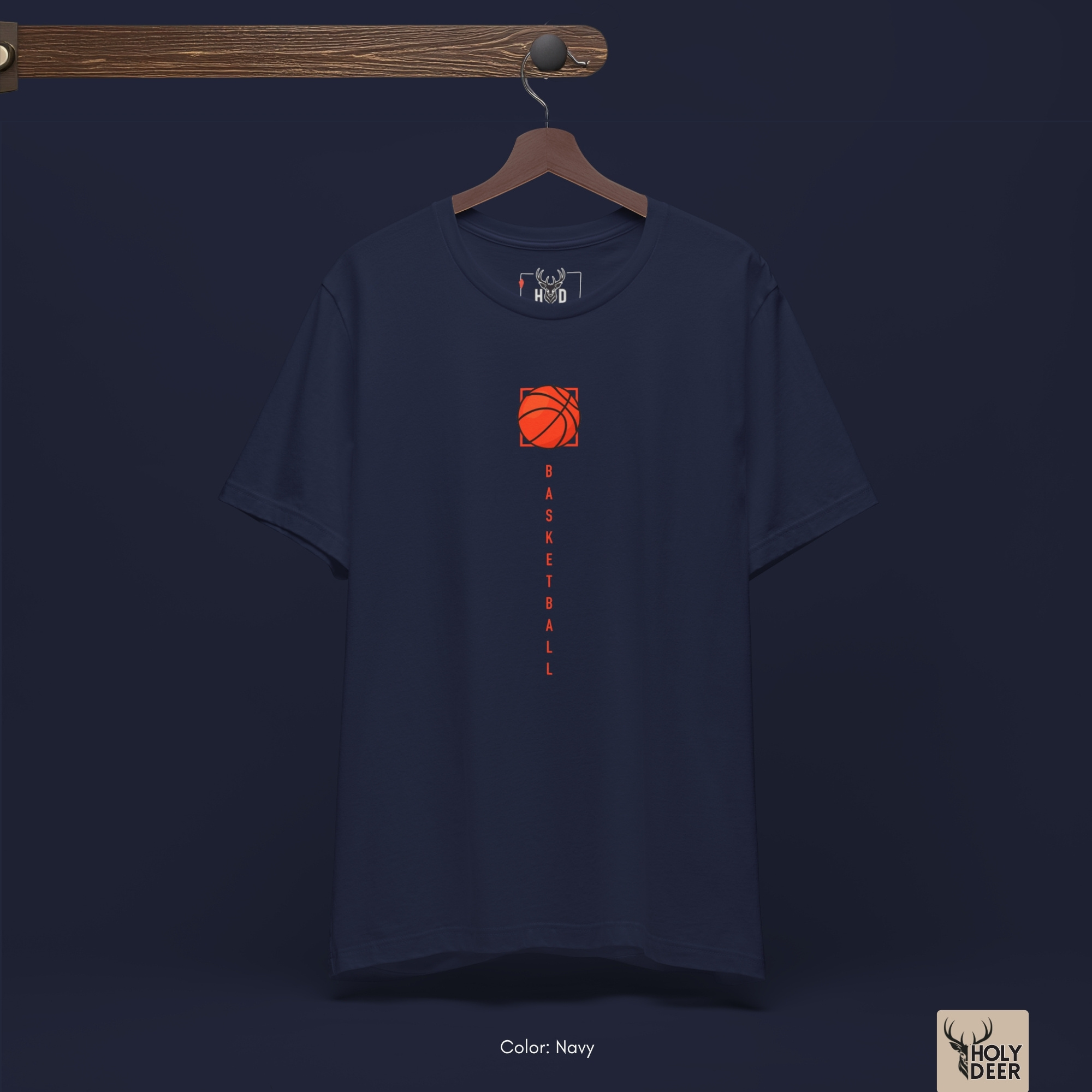 The iconic Minimalist Hoops Life Graphic Tee hanging cleanly on a luxury wood hanger, highlighting the robust neckline structure, vertical typography flow, and the official holydeer.com retail tags.
