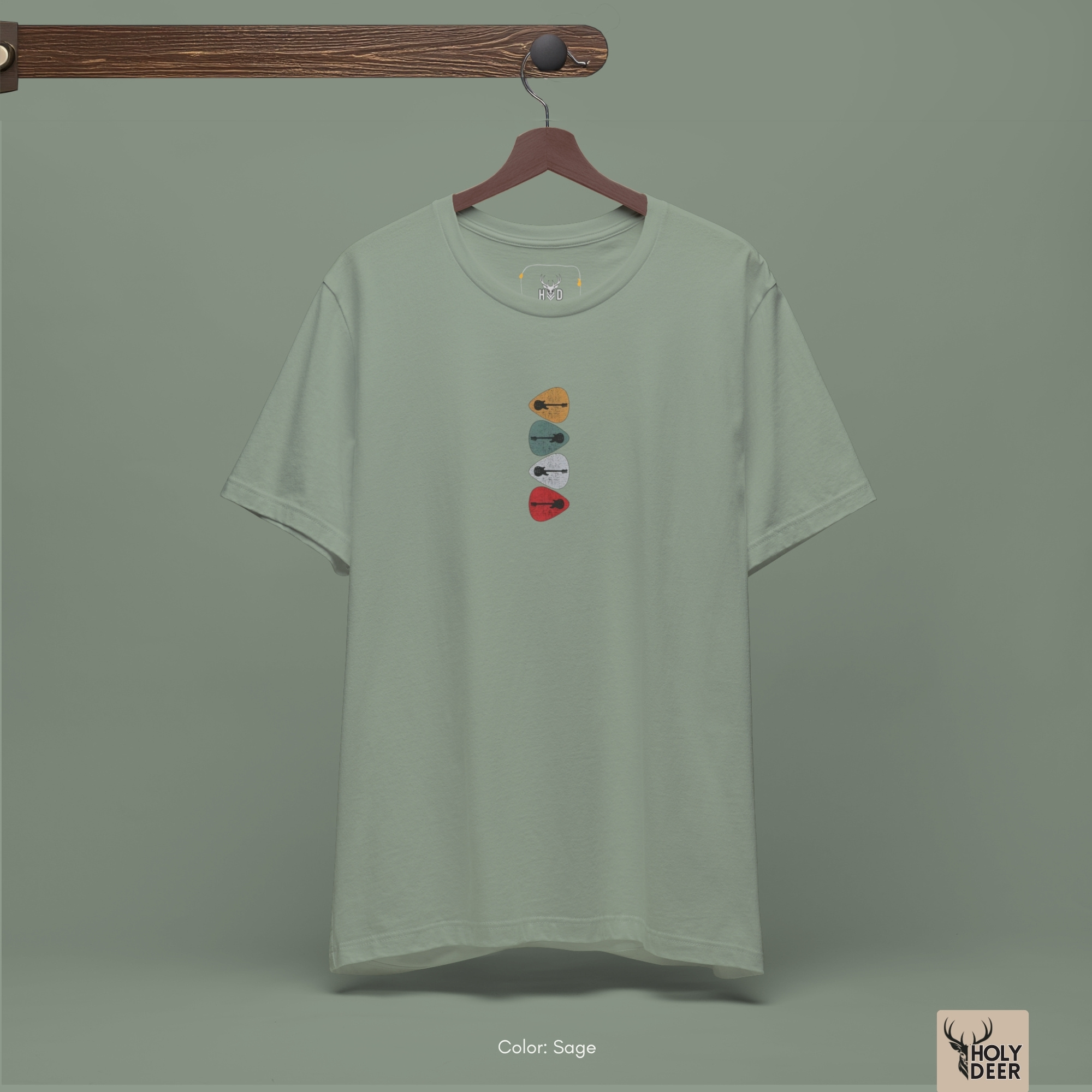 The iconic Retro Guitar Shirt hanging cleanly on a luxury wood hanger, highlighting the robust neckline structure, crisp vertical print flow, and the official holydeer.com retail tags.