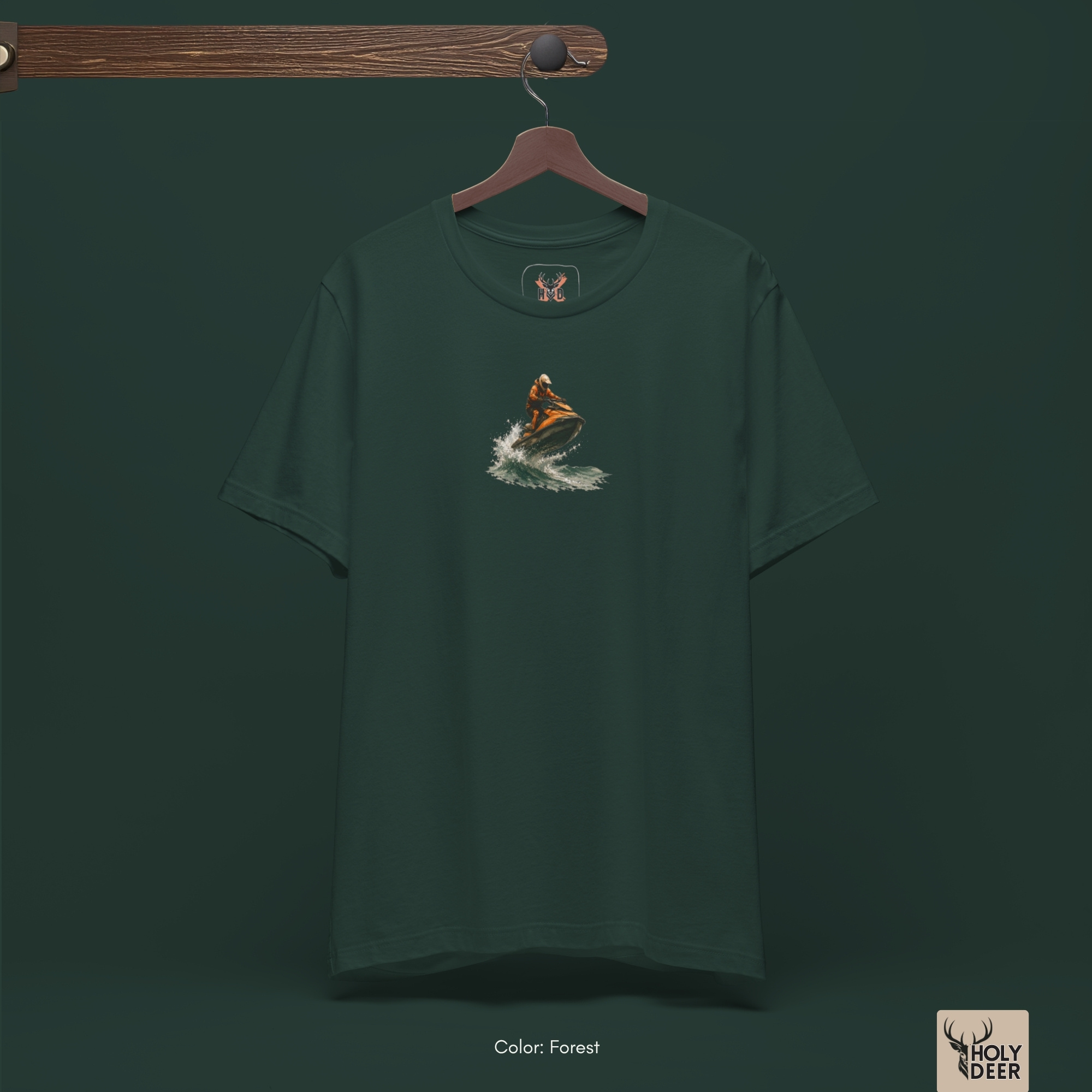 Angled perspective of the premium screen-printed Jet Ski Tee, detailing the thick orange and white paint feel, aquatic rhythm top alignment, and the signature holydeer tee high-contrast aesthetic wave art look.