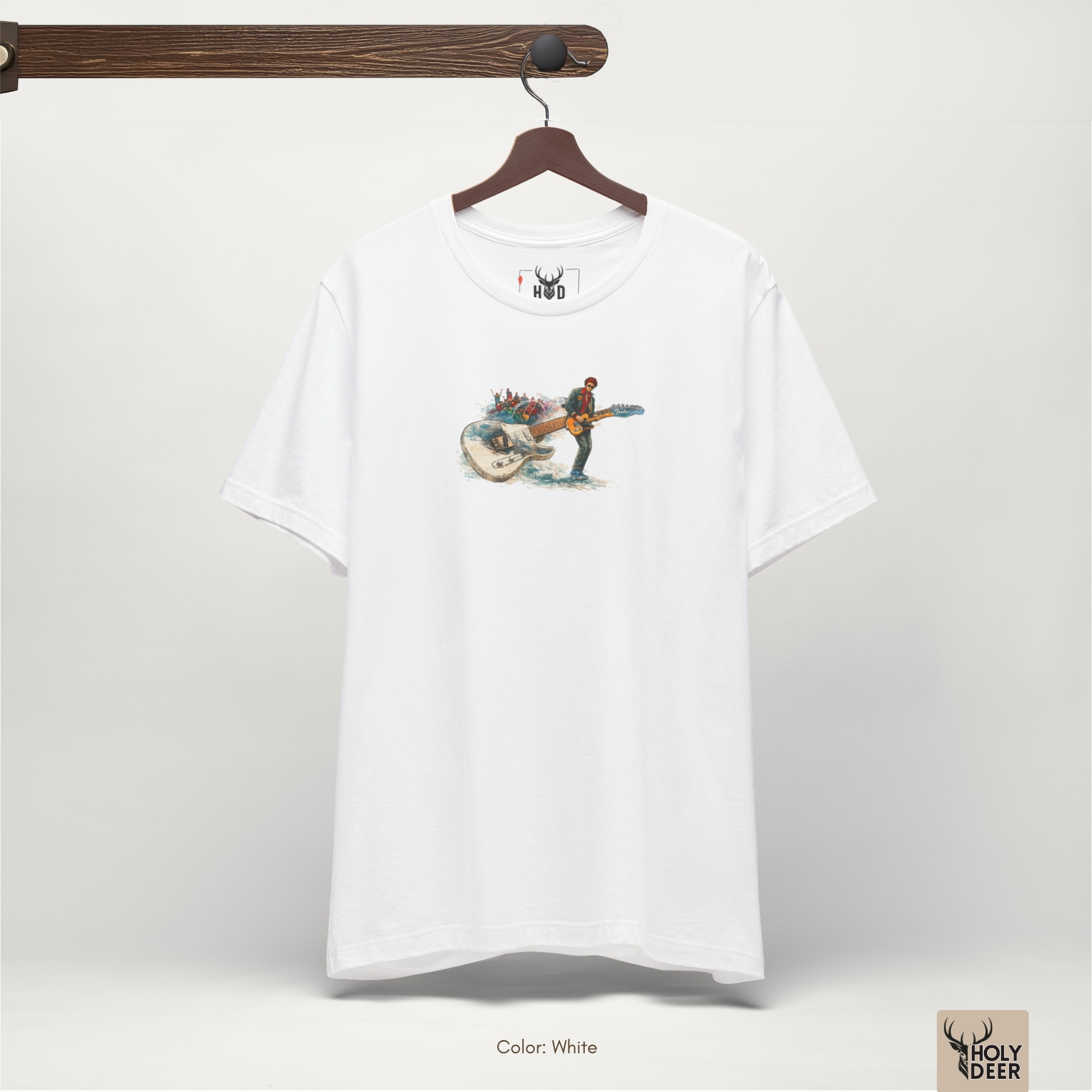 Professional flat lay photography of the Rock Music Shirt by Holydeer Apparel, arranged cleanly next to vintage vinyl records, custom picks, and premium rock n roll shirt accessories.