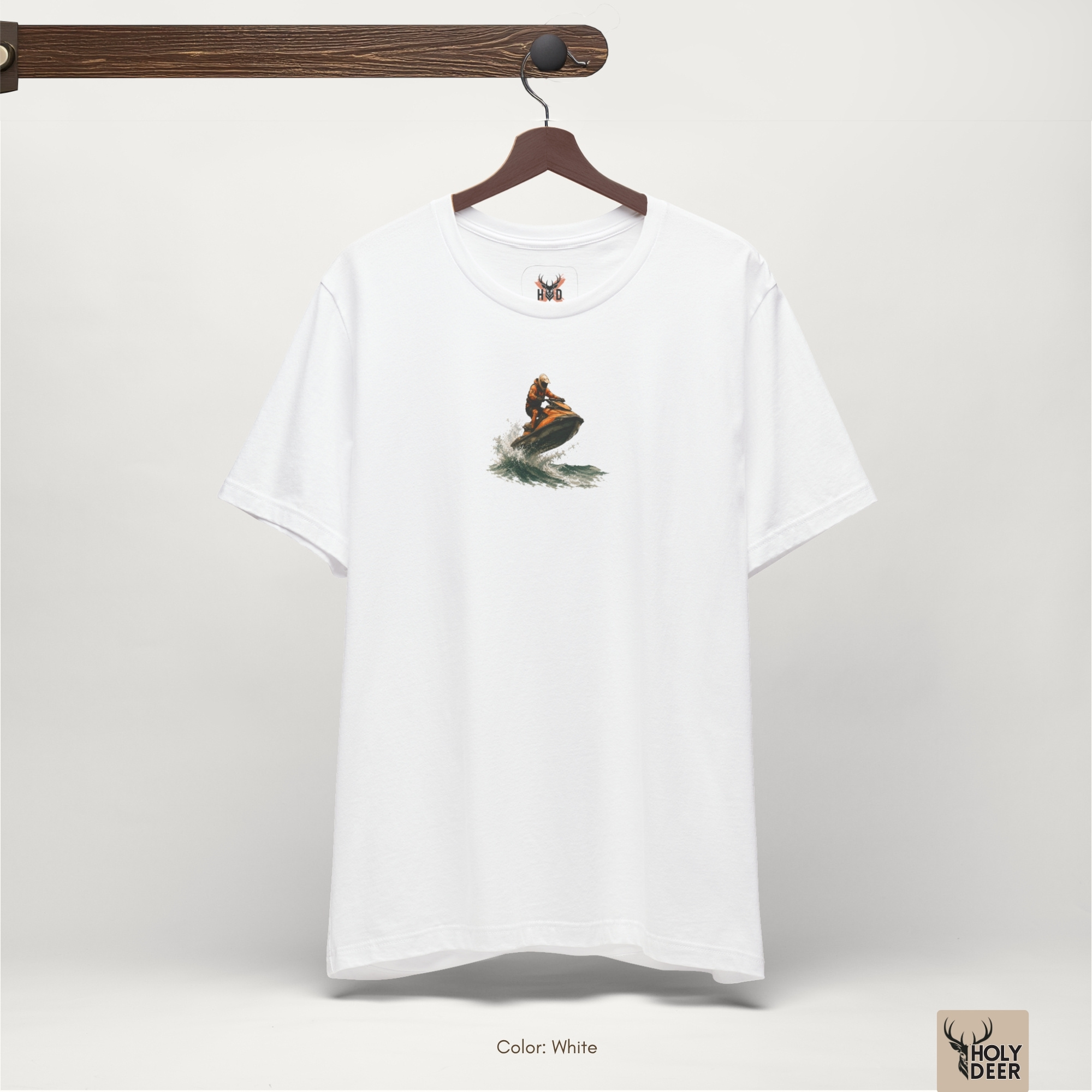 A candid marina outdoor lifestyle photo featuring a water sports fan wearing the official Jet Ski Tee by Holydeer Clothing, blending seamlessly into raw indie creator wear and dynamic sea adventure art environments.