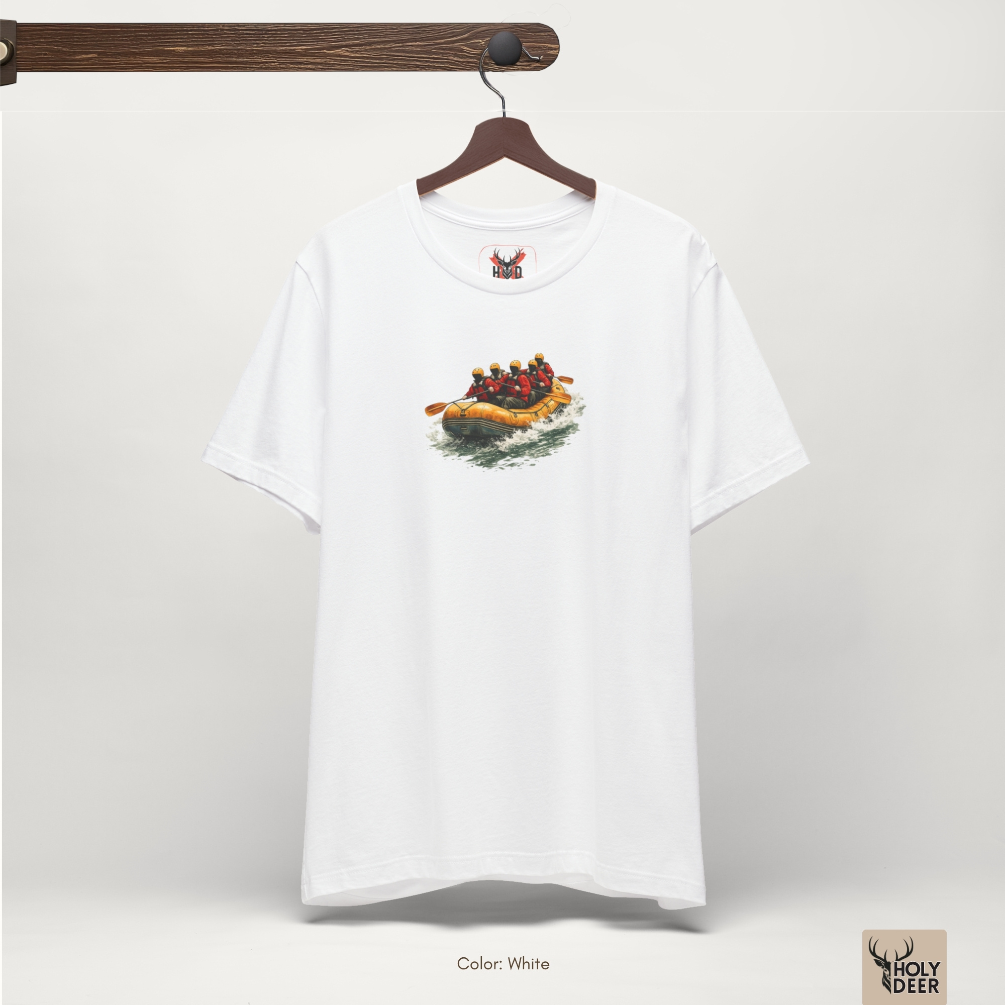 Angled perspective of the premium screen-printed Rafting Tee, detailing the thick orange and white paint feel, river rafting top alignment, and the signature holydeer tee high-contrast aesthetic sport art look.