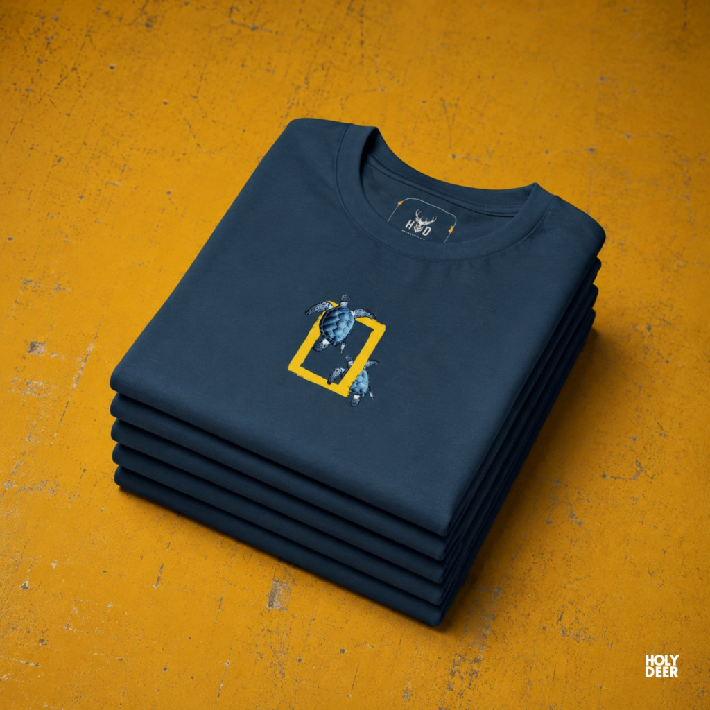 Technical close-up highlighting the thick acrylic paint textures, rough bristle marks, and vibrant canary yellow ink anchoring the center of the wildlife photo tee.