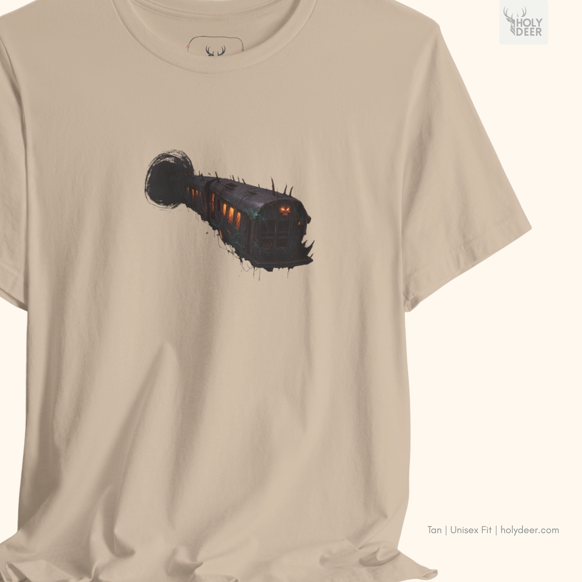 Soft industrial shadow studio backdrop framing the unique Eerie Surreal Train Graphic Tee by Holydeer Streetwear, magnifying the clean centered surreal train tshirt placement and premium unique artist gift presentation.