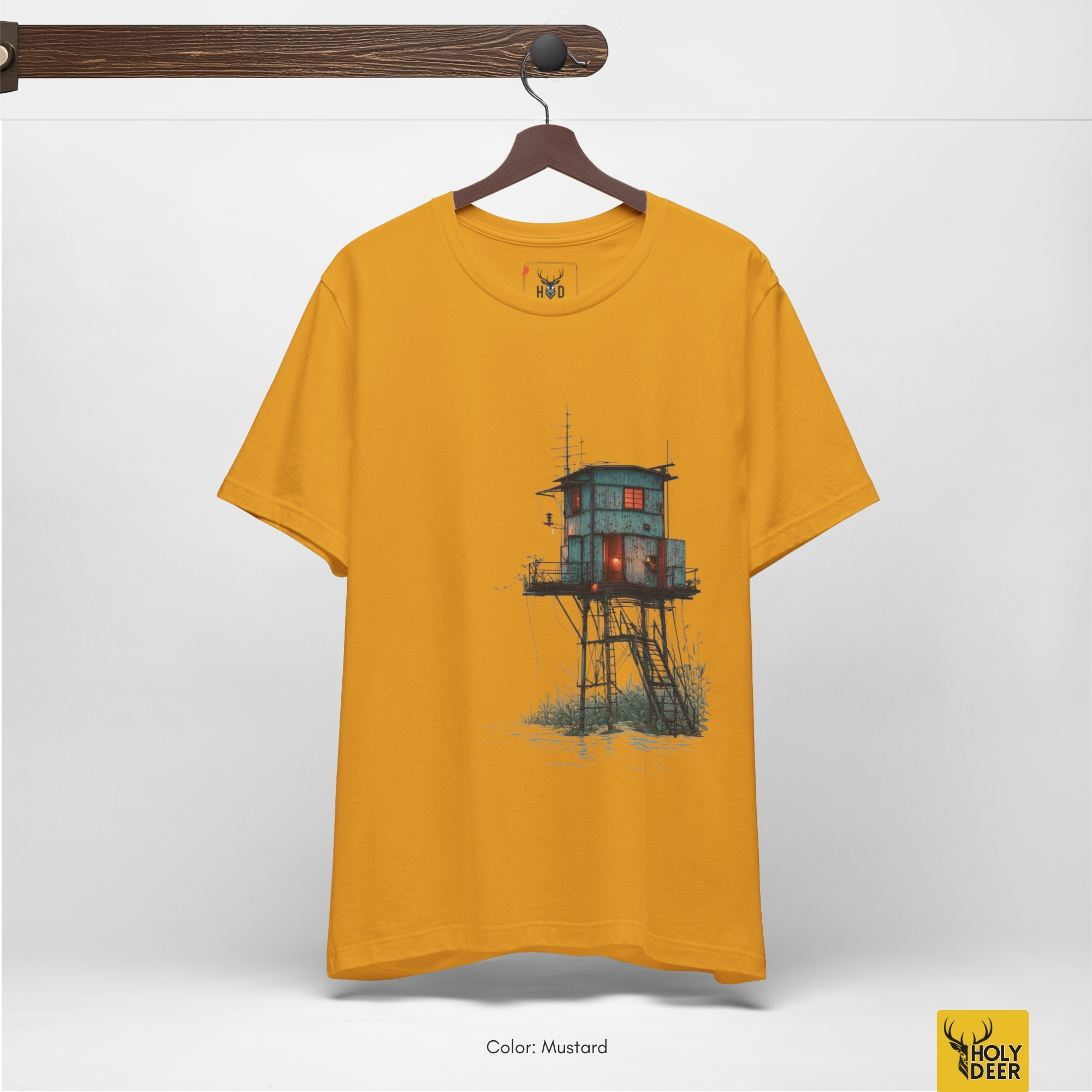 Professional flat lay photography of the Surreal Coastal Watchtower Shirt by Holydeer Apparel, arranged elegantly next to minimalist architectural sketches and high-end coastal design blueprints.