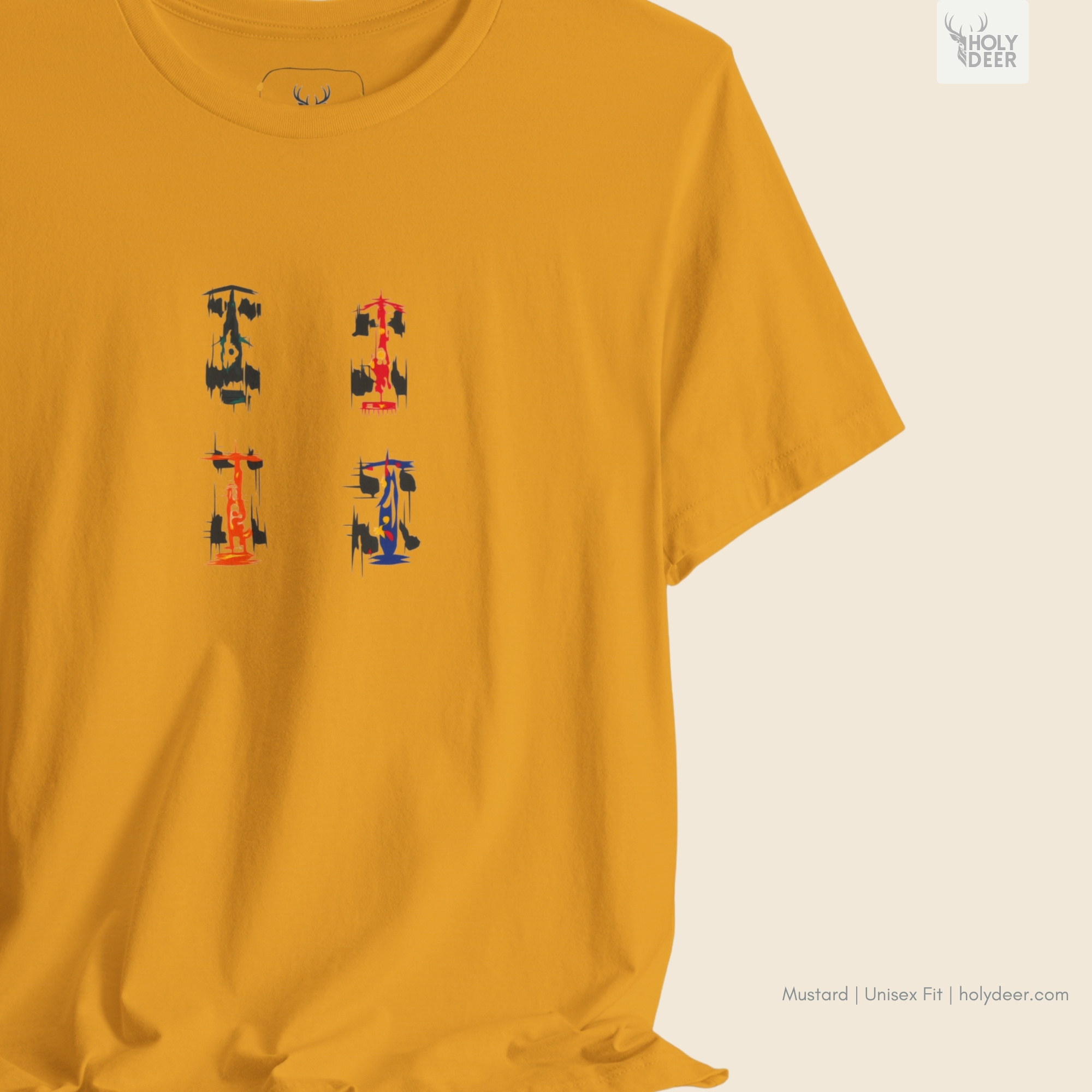 Professional flat lay photography of the f1 tshirt by Holydeer Apparel, arranged elegantly next to premium formula 1 gift ideas and high-end aesthetic motorsport tshirt sketches.