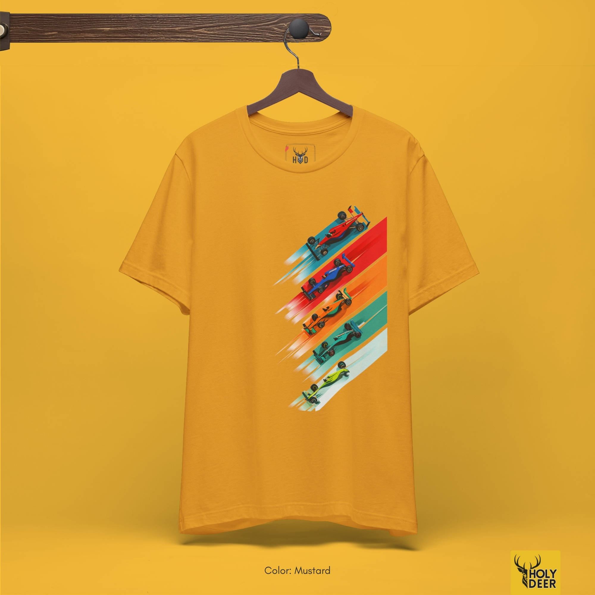 A candid street circuit outdoor lifestyle photo featuring a fan wearing the official formula 1 gift from Holydeer Clothing, blending seamlessly into raw motorsport tshirt and dynamic racing tshirt settings.