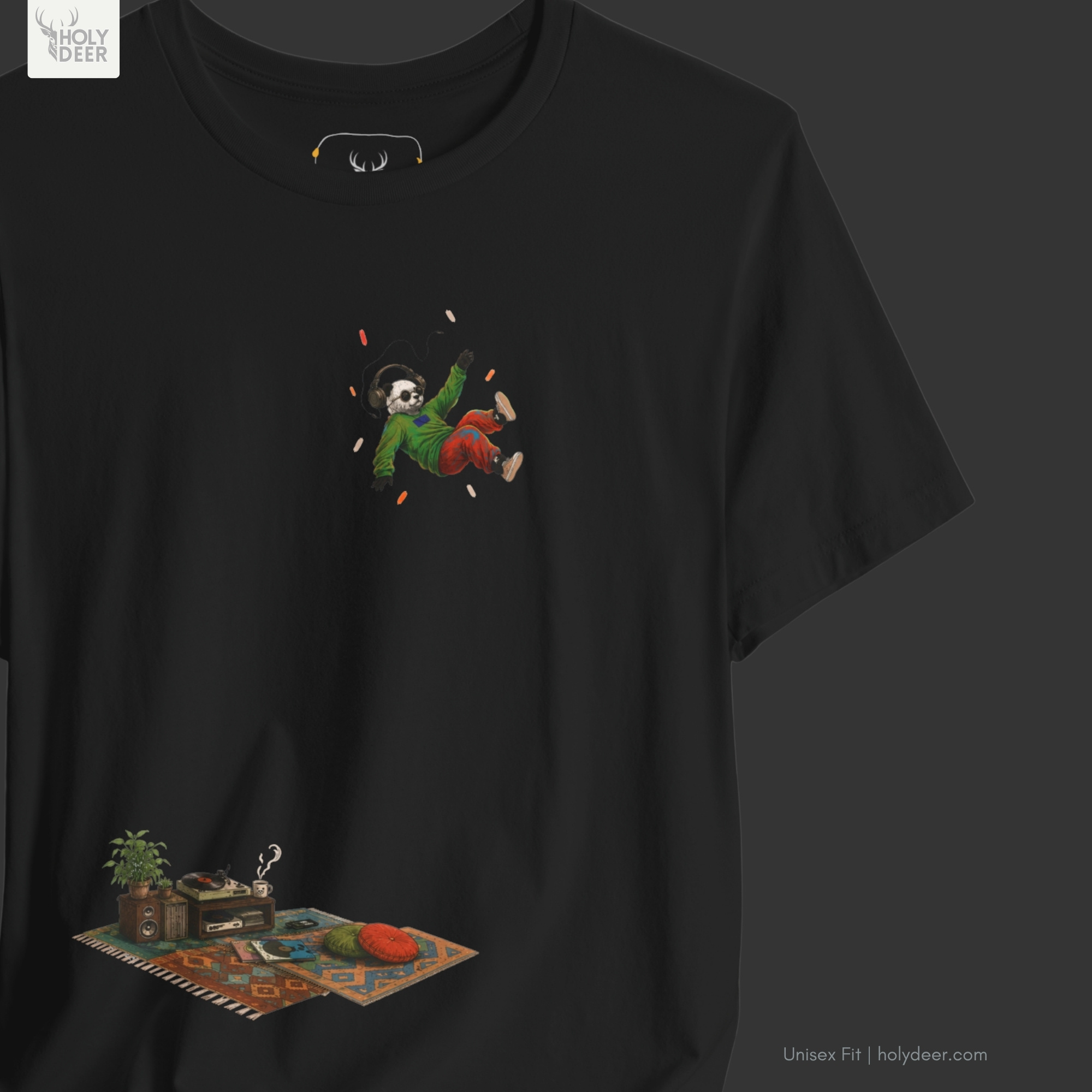 Soft shadow studio backdrop framing the unique Music Panda Tee by Holydeer Streetwear, magnifying the clean asymmetric placement and premium floating panda art presentation.
