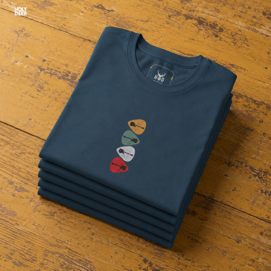 Macro view of the Retro Guitar Shirt print showcasing intricate distressed textures on the colorful guitar picks, clean electric guitar tee lines, and fine instrument tee details crafted exclusively by Holydeer Streetwear.