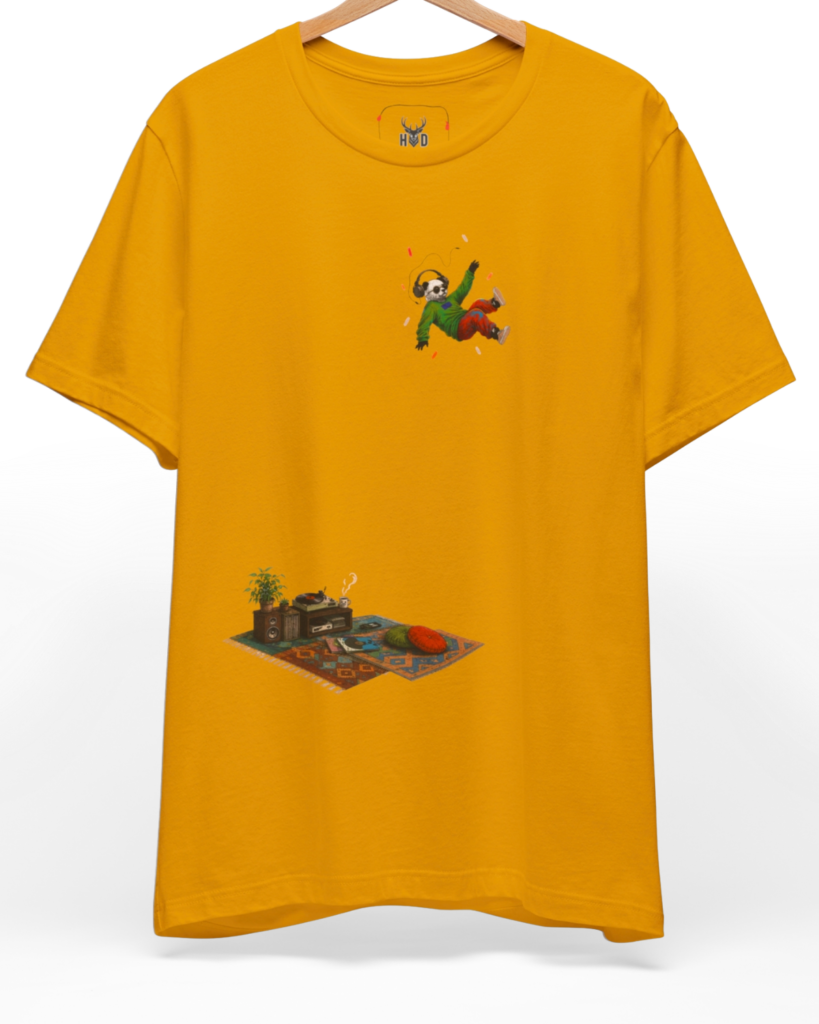 Premium Music Panda Tee displaying a high-detail minimalist illustration with a floating panda art concept over a vintage turntable lounge, designed by Holydeer Clothing for vinyl lover top fans.
