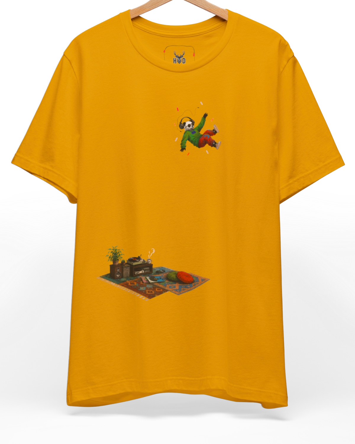 Premium Music Panda Tee displaying a high-detail minimalist illustration with a floating panda art concept over a vintage turntable lounge, designed by Holydeer Clothing for vinyl lover top fans.