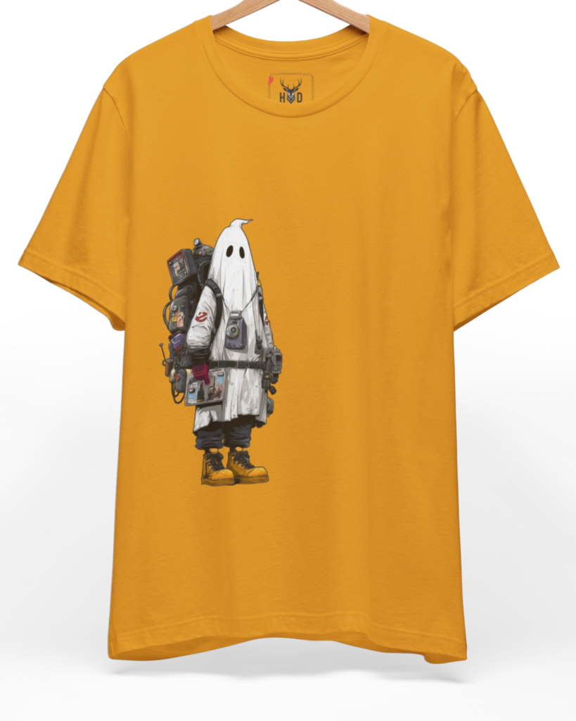Premium Cyberpunk Ghost Hunter Shirt displaying a high-detail sheet phantom with mechanical techwear ghost gear on a mustard yellow tee layout, designed by Holydeer Clothing.