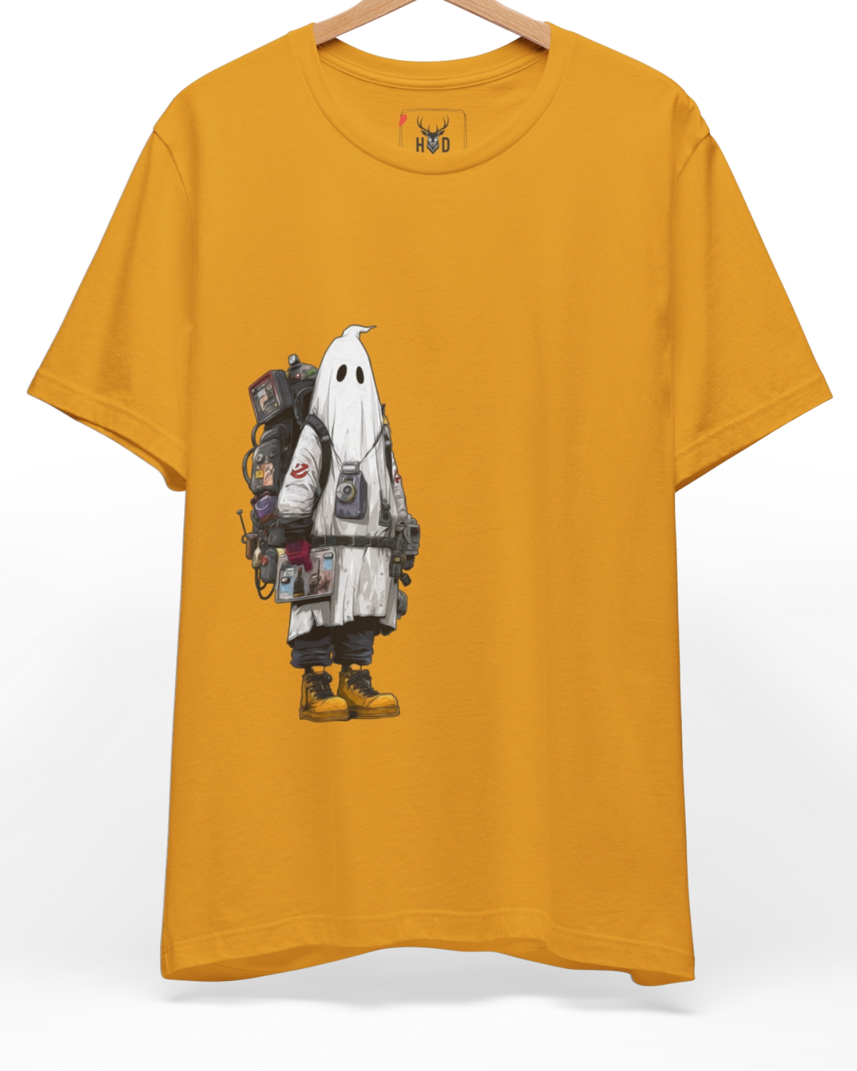 Premium Cyberpunk Ghost Hunter Shirt displaying a high-detail sheet phantom with mechanical techwear ghost gear on a mustard yellow tee layout, designed by Holydeer Clothing.