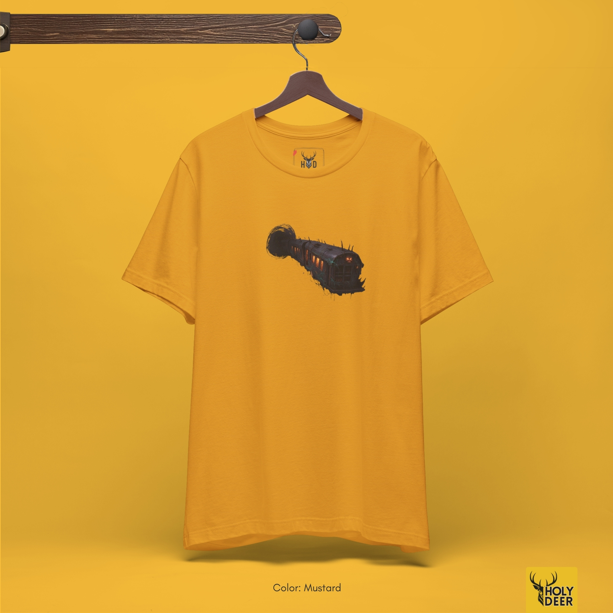 Professional flat lay photography of the Eerie Surreal Train Graphic Tee by Holydeer Apparel, arranged elegantly next to vintage train tickets and high-end industrial noir blueprints.