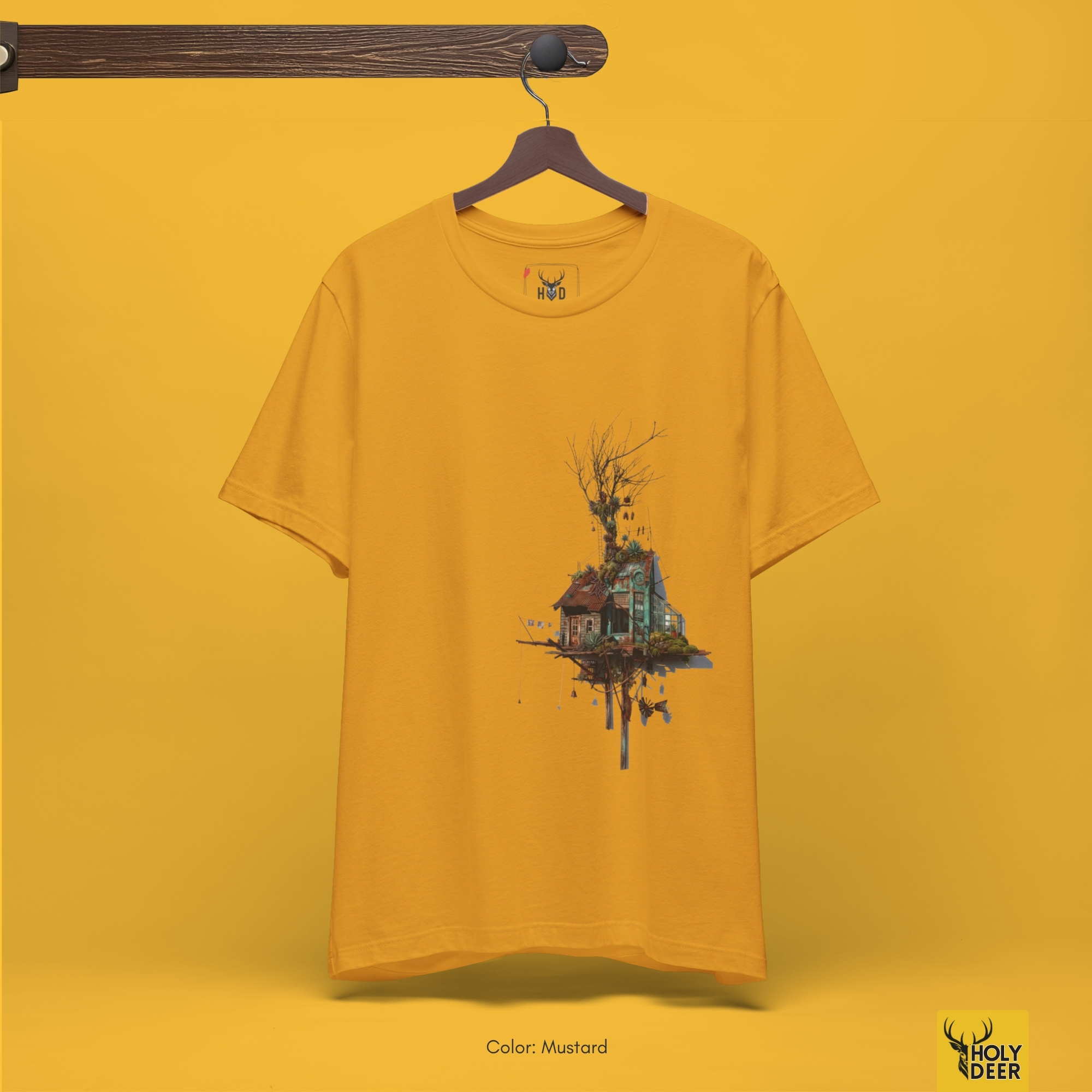 Technical close-up highlighting the sprawling bare twigs, miniature hanging copper bells, and weather vanes anchoring the peak of the nature house tee art.