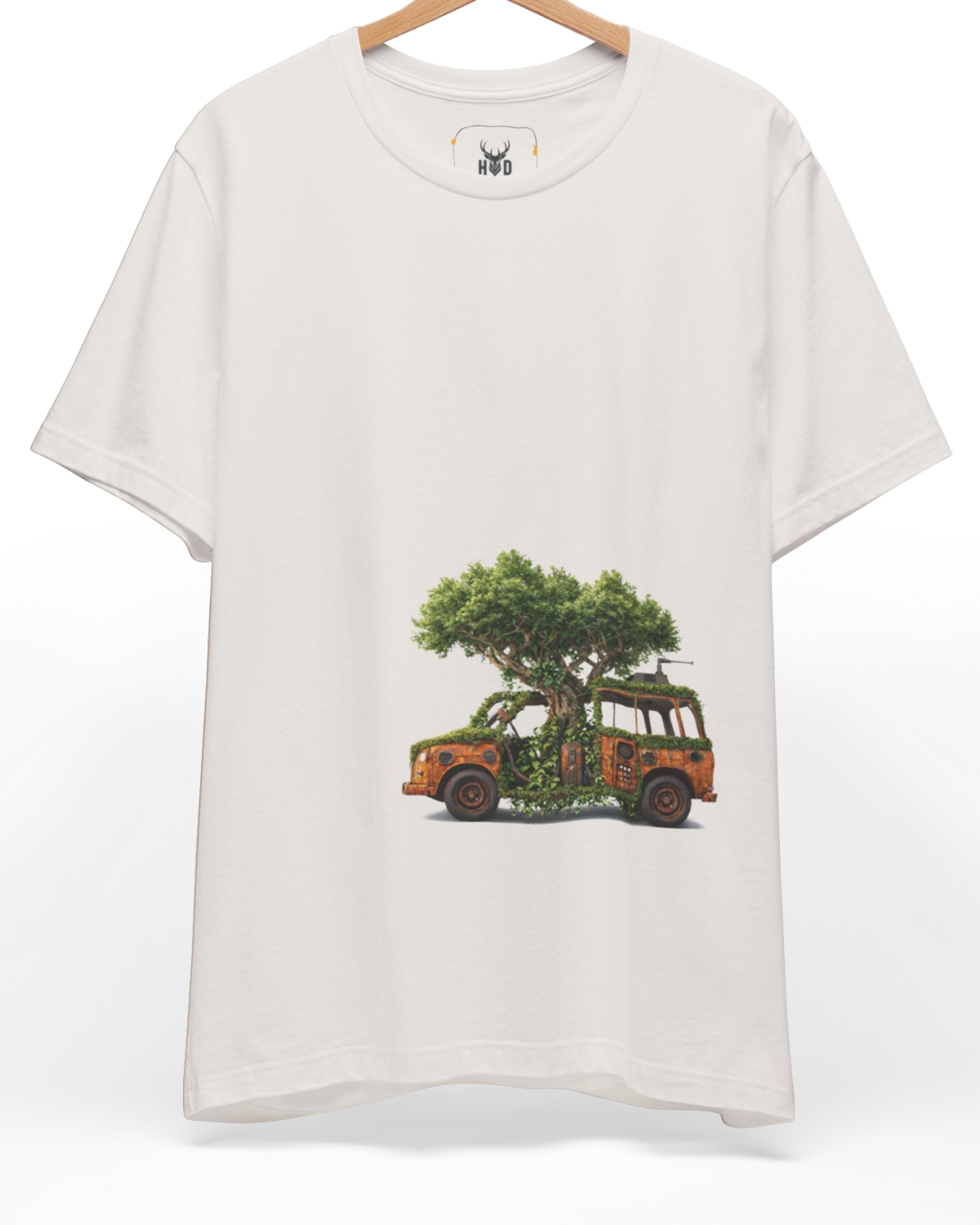 Premium Nature Reclaim Tee displaying a unique nature reclaim tee overgrown car tee forest takeover tee poetic nature tee cinematic layout on a vintage white backdrop, designed by Holydeer Clothing.