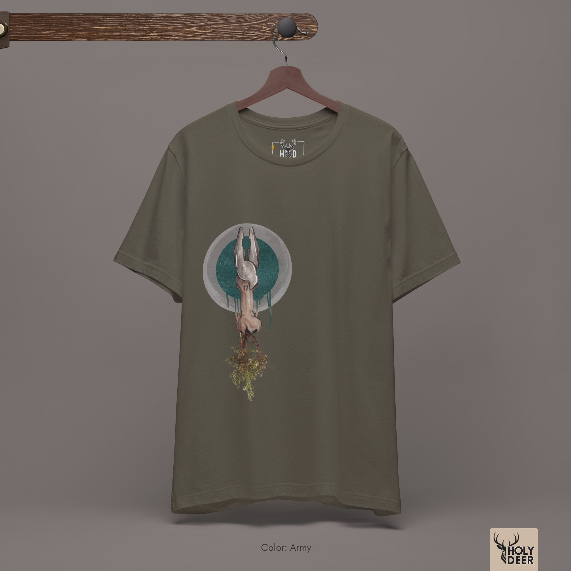 Modern brutalist industrial abandoned factory concrete architecture outdoor lifestyle model wearing the centered Organic Tool Tee from Holydeer Clothing, standing as a tool meets nature statement matching elite quiet resistance trends.