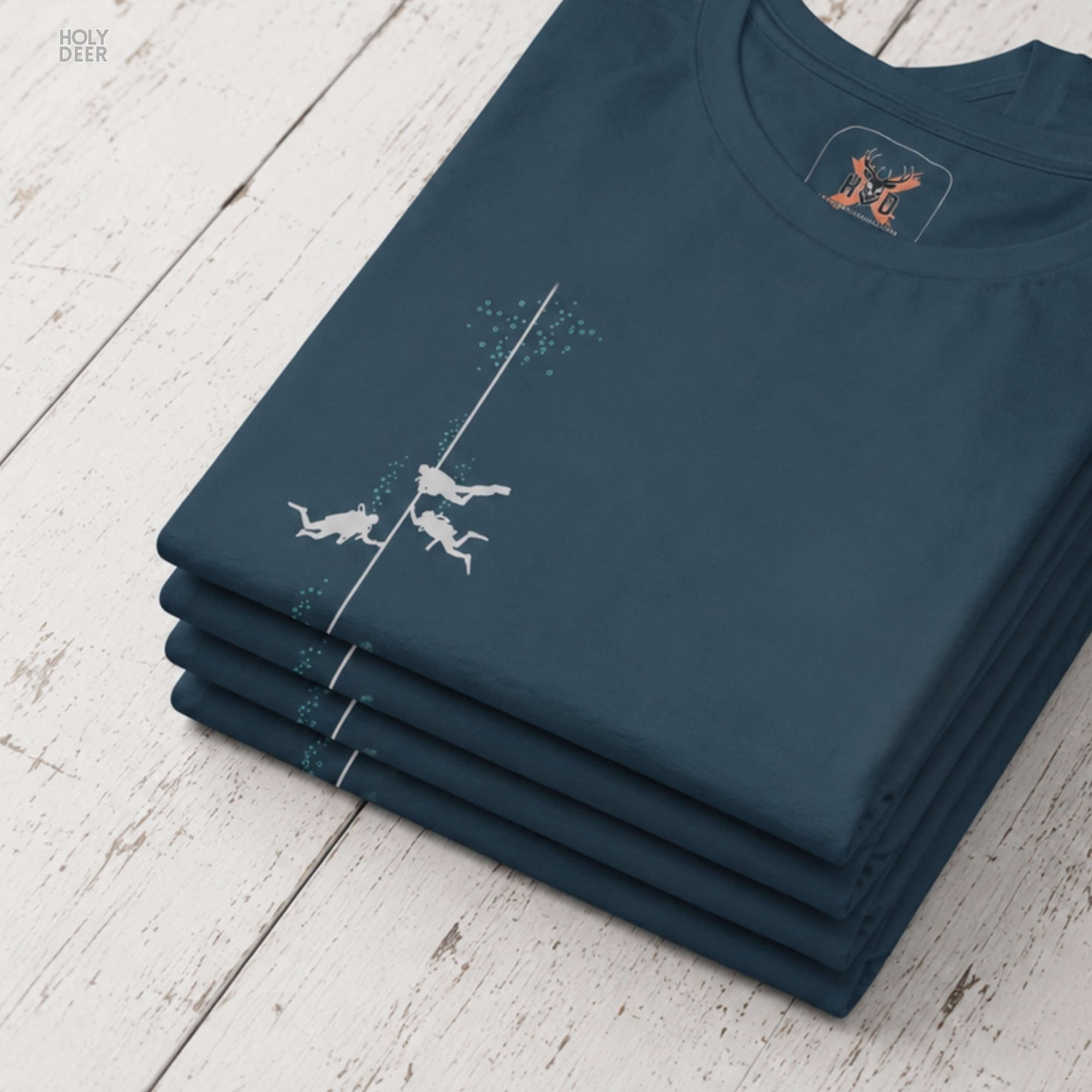 Macro view of the Scuba Diving Tee print showcasing intricate miniature diver silüet lines, tiny oxygen bubbles, and the raw scuba life art rendering crafted exclusively by Holydeer Streetwear.
