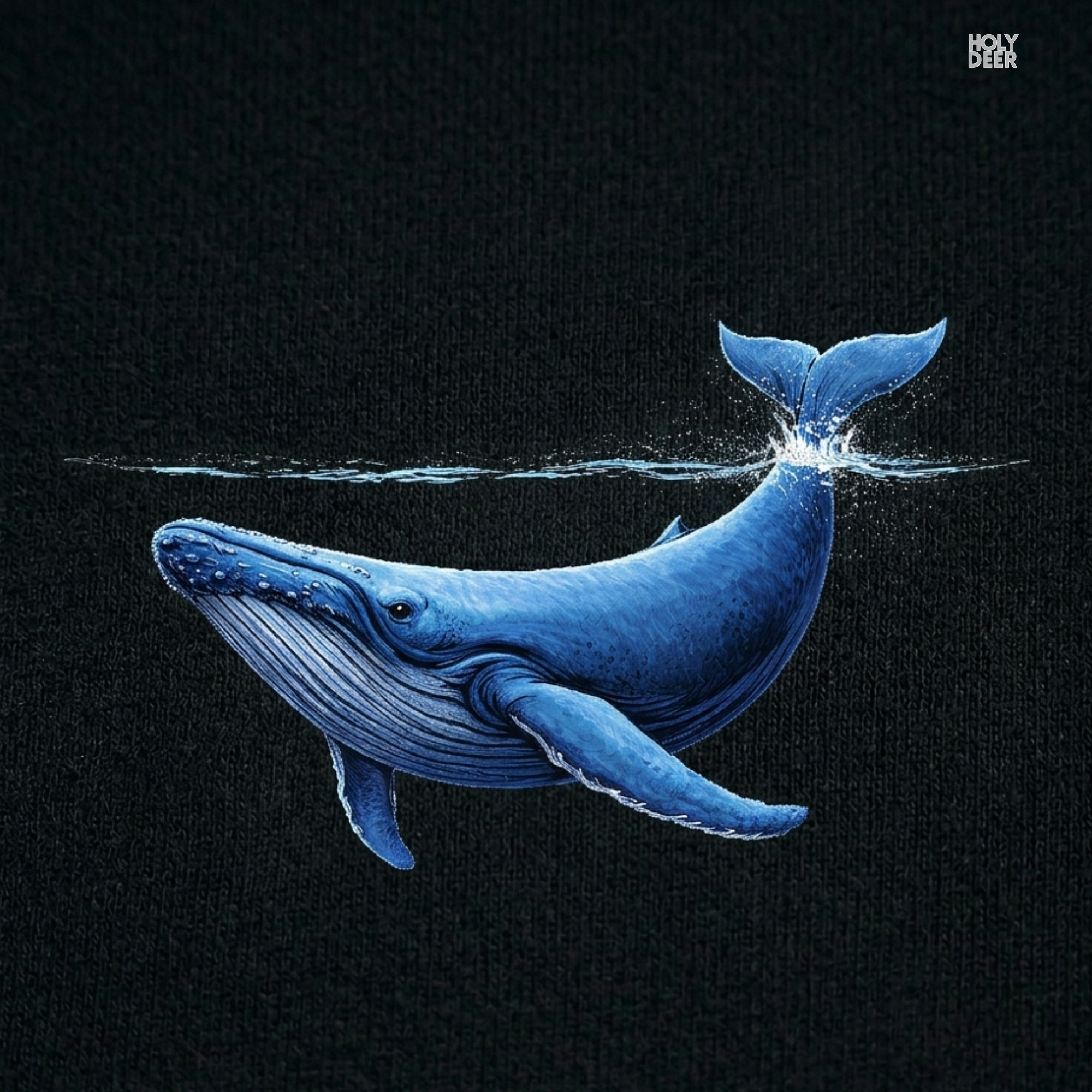 High-magnification print detail capturing the textured blue tail flukes, micro water crest bubbles, and sharp white surface line vector paths of the ocean whale tee.