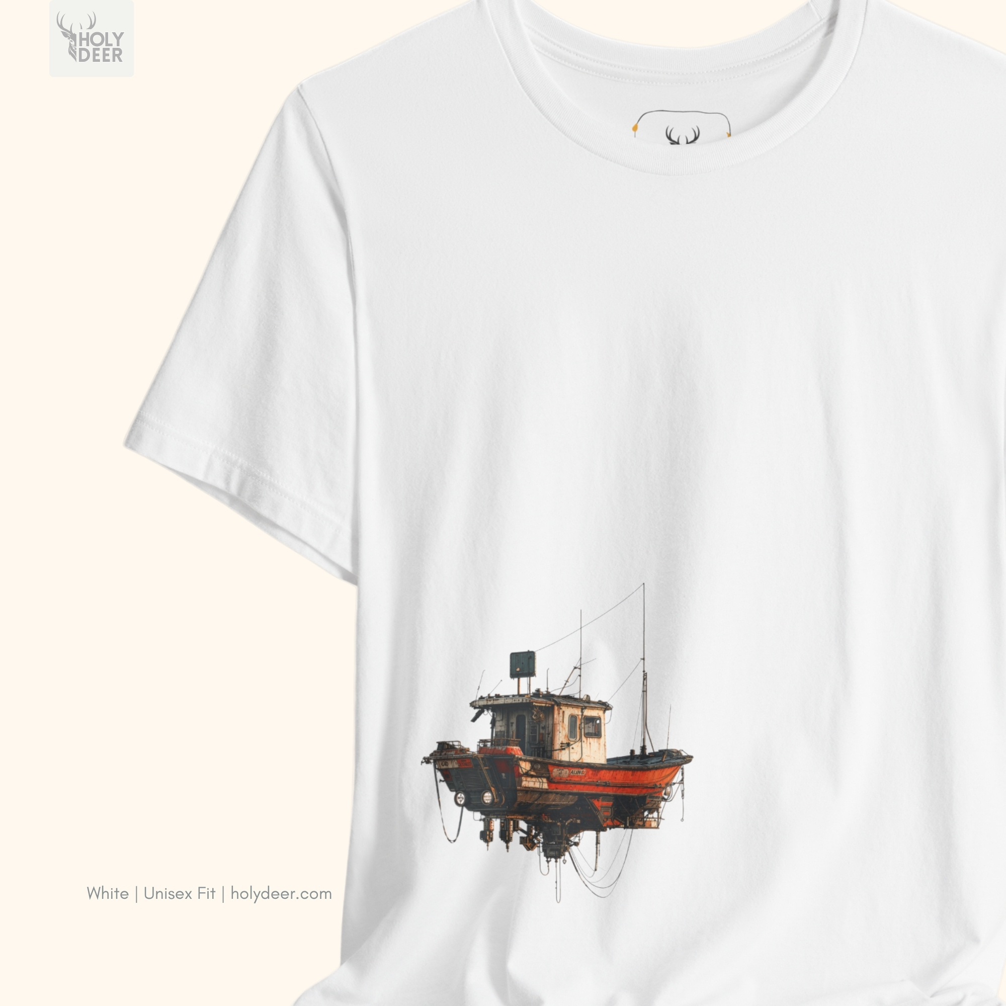 Angled perspective of the premium screen-printed fishing boat tee, detailing the thick paint feel, sci-fi levitating boat tshirt alignment, and the signature holydeer tee high-contrast ship graphic tee look.