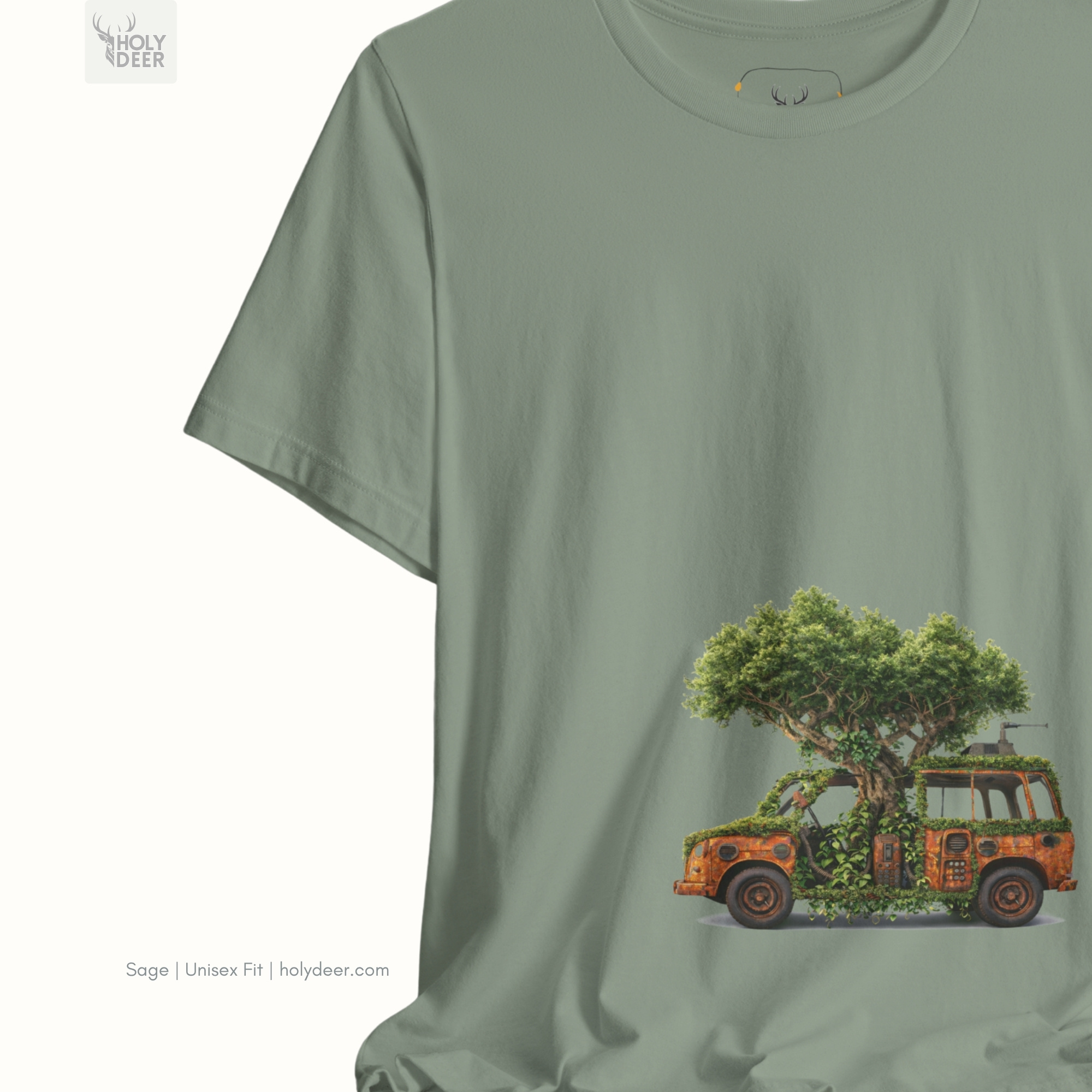 Angled perspective of the premium screen-printed Nature Reclaim Tee, detailing the thick paint feel of the retro car chassis layout and massive ascending central timber roots, center-bottom layout placement, and the signature holydeer tee high-contrast design.