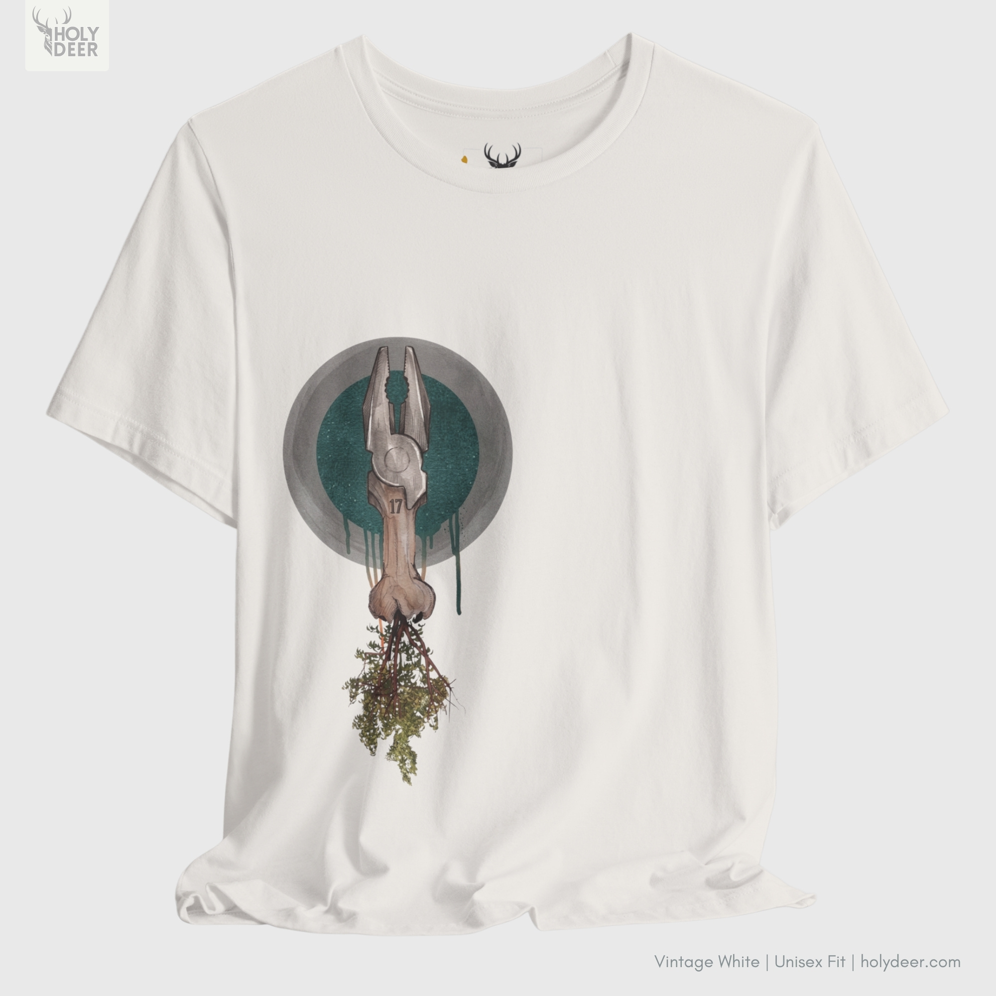 Professional flat lay photography of the Organic Tool Tee by Holydeer Apparel, arranged cleanly next to heavy oxidized iron wrenches, fresh green forest moss patches, and surreal object tee lifestyle essentials.