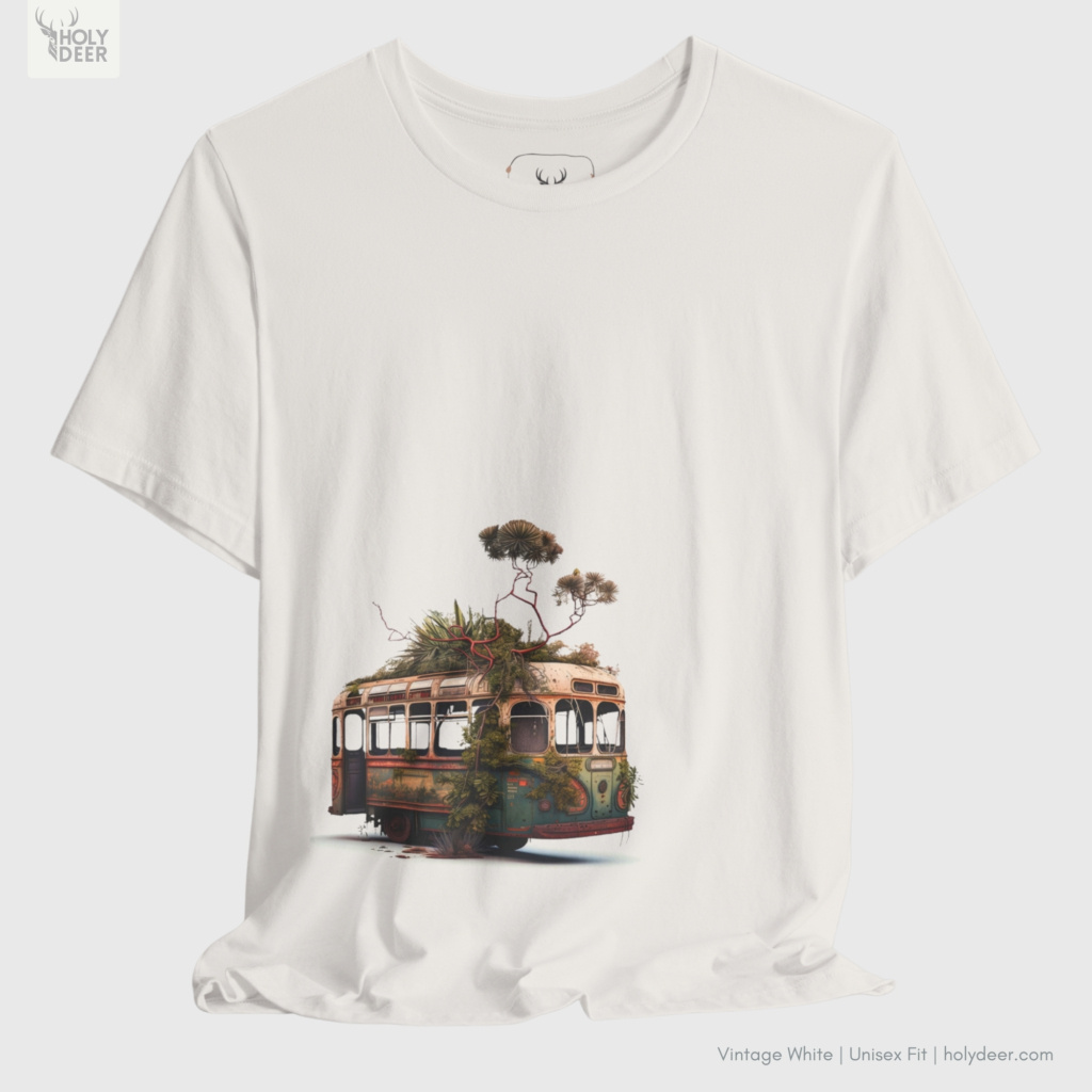 Macro view of the Surreal Bus Tee print showcasing intricate ink shading on the decayed transit headlamps, rusted front fender panel grills, and vibrant green trailing vines crafted exclusively by Holydeer Streetwear.