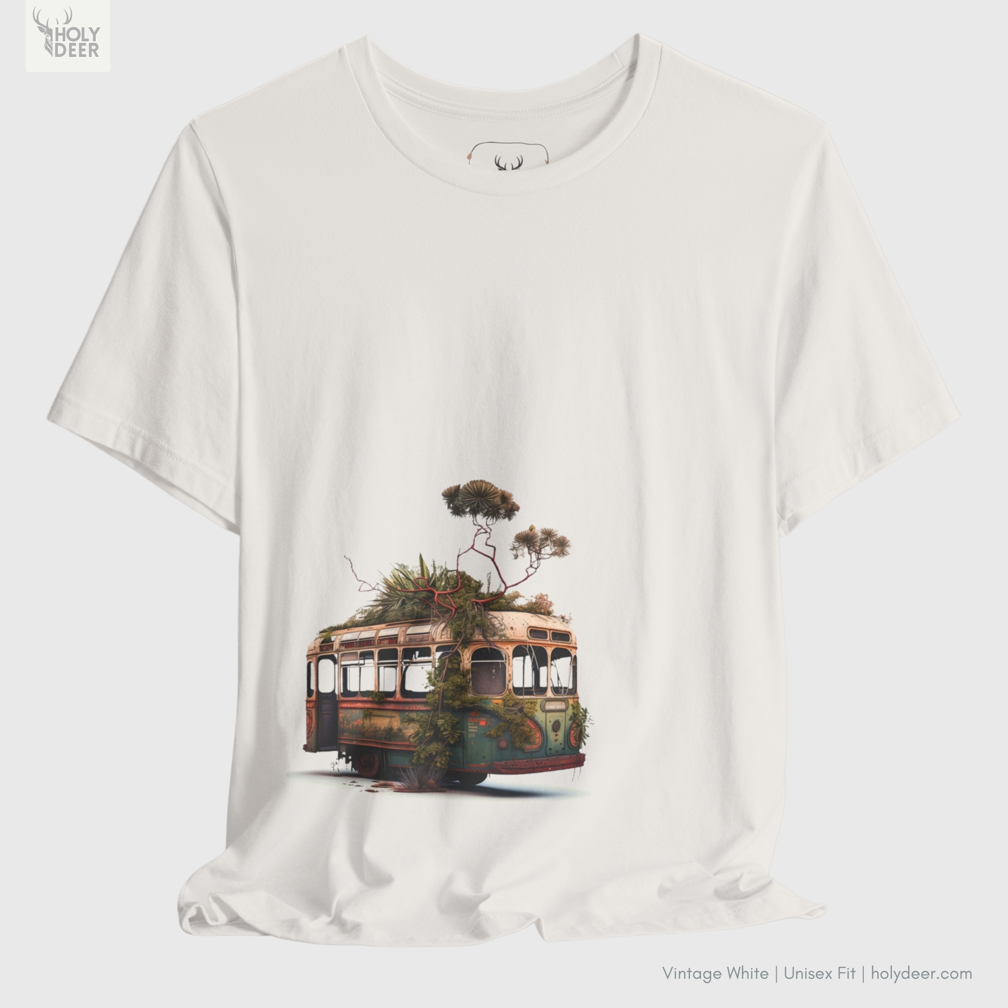 Macro view of the Surreal Bus Tee print showcasing intricate ink shading on the decayed transit headlamps, rusted front fender panel grills, and vibrant green trailing vines crafted exclusively by Holydeer Streetwear.