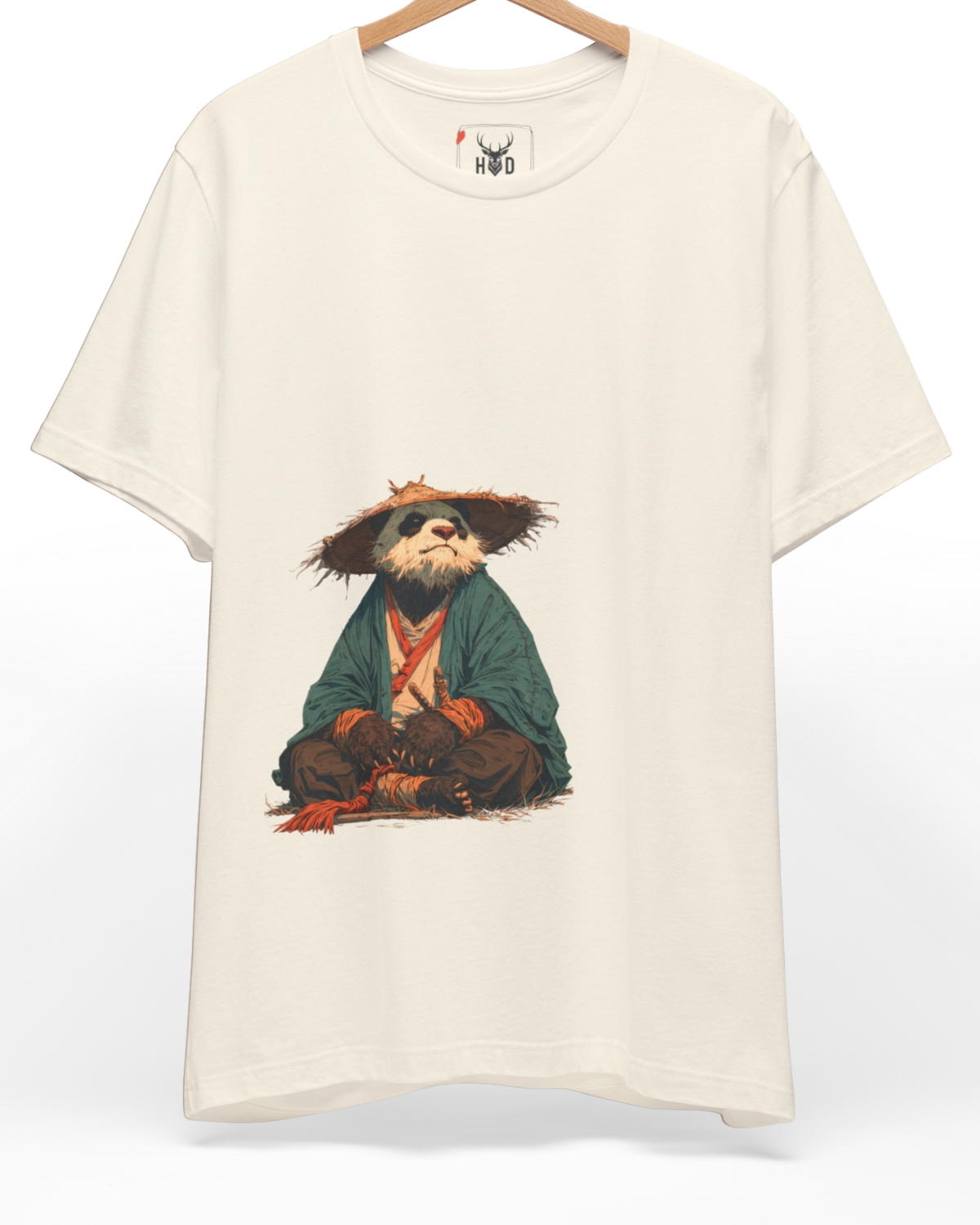 Premium Samurai Panda Shirt displaying a high-detail rōnin panda in a kimono and straw hat concept on a black graphic tee layout, designed by Holydeer Clothing.