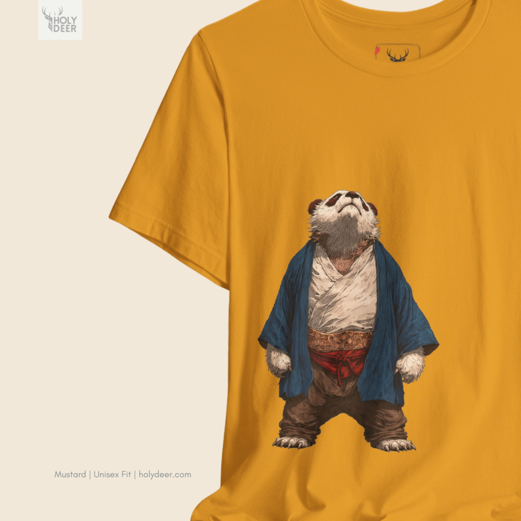 Macro view of the kawaii panda tee print showcasing intricate traditional japanese panda tee lines, sleek obi belt textures, and the raw cultural tshirt rendering crafted exclusively by Holydeer Streetwear.