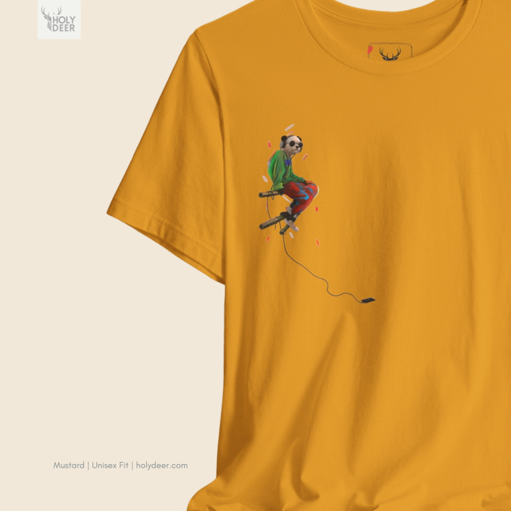 Minimalist dark backdrop focusing heavily on the standalone frame of the Music Panda Tee by Holydeer, proving it acts as a unique wearable art piece and an essential vinyl lover top collectible.