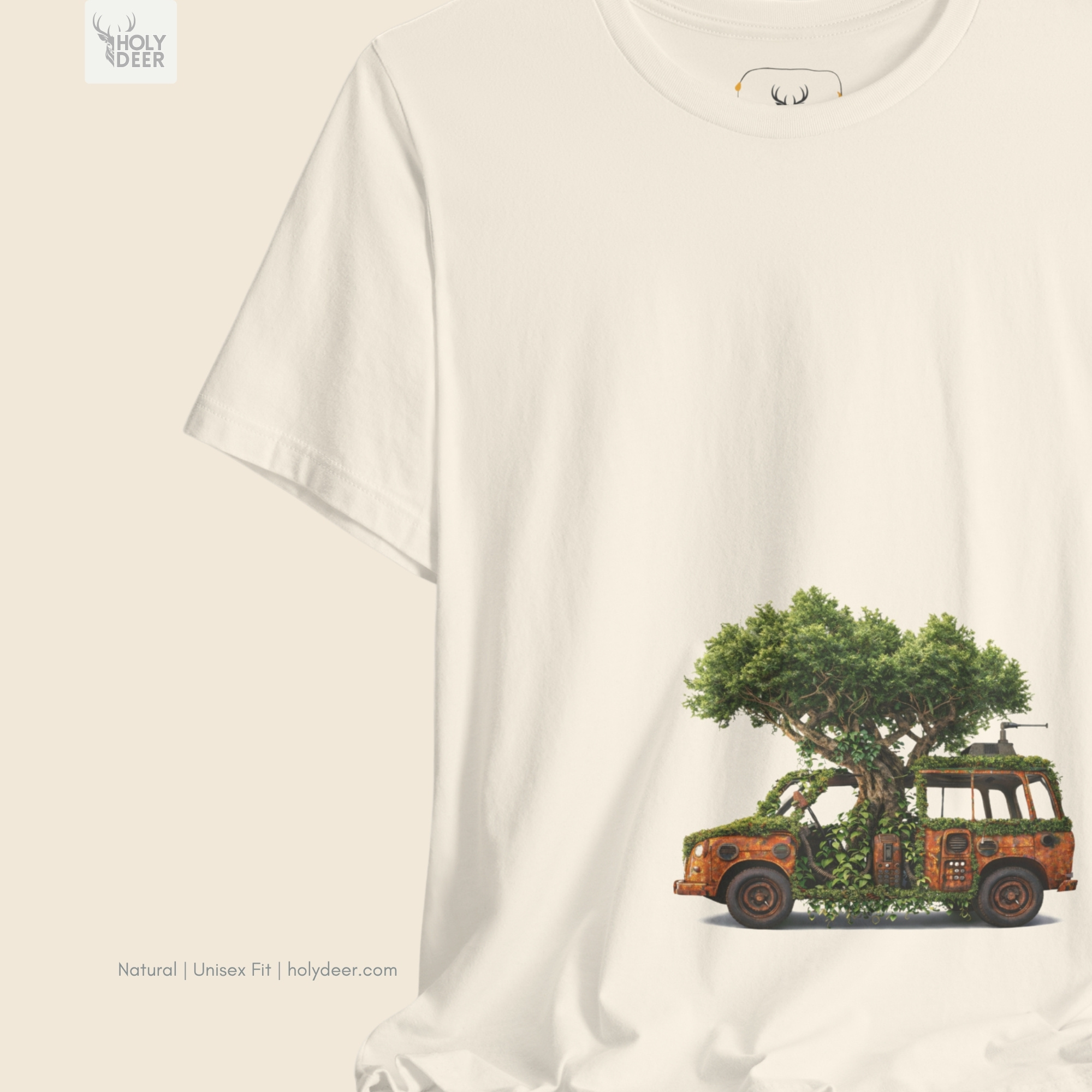 Minimalist dark backdrop focusing heavily on the standalone frame of the Nature Reclaim Tee by Holydeer, proving it acts as a unique wearable art piece and an essential overgrown car tee collectible.