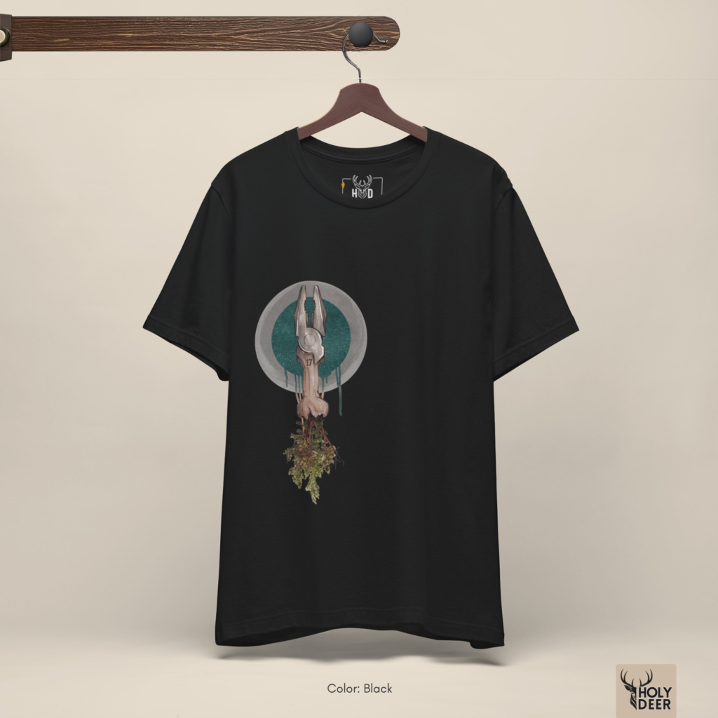 Angled perspective of the premium screen-printed Organic Tool Tee, detailing the thick paint feel of the layered concrete grey circle matrices and dripping dark green paint lines, side layout placement, and the signature holydeer tee high-contrast design.