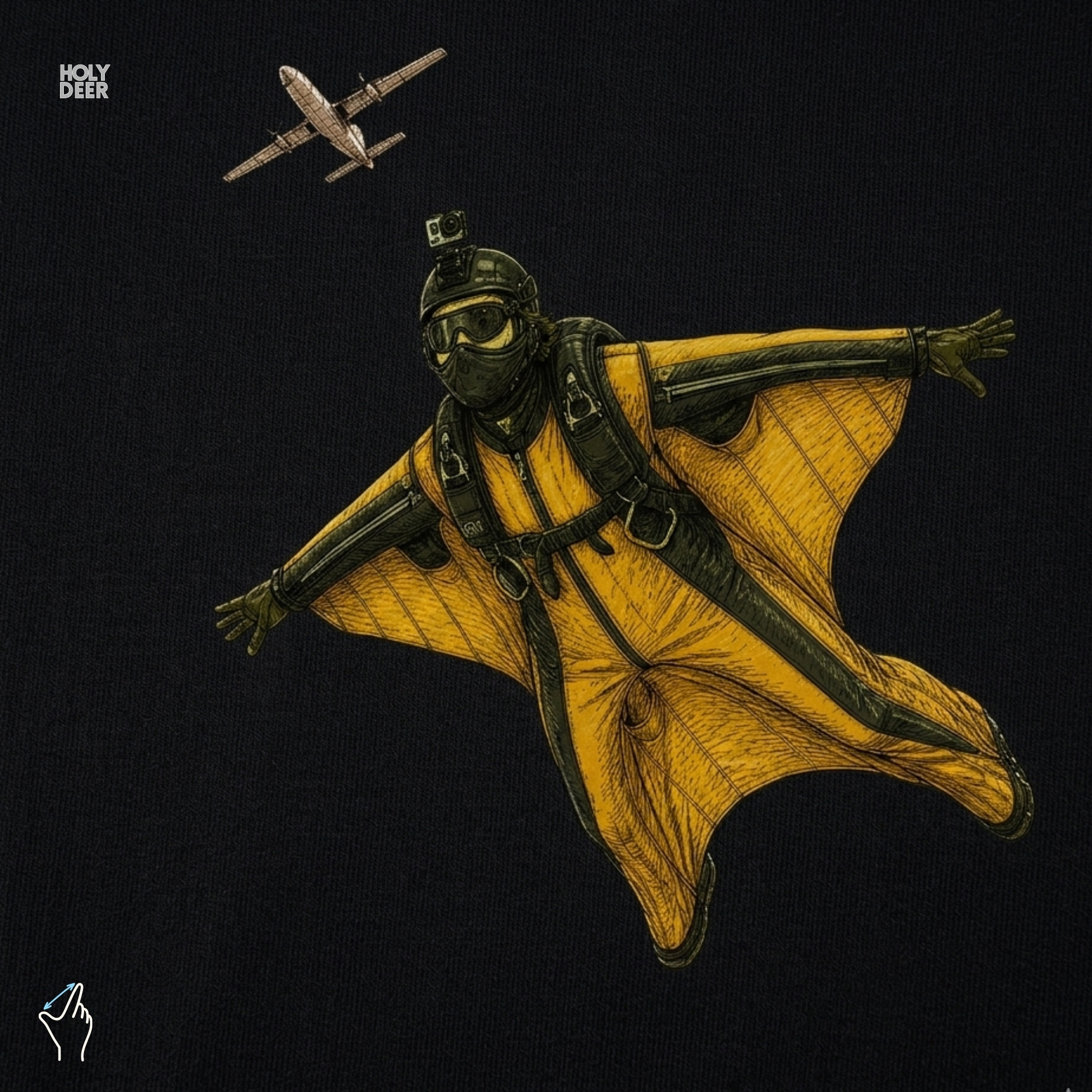 A candid airfield outdoor lifestyle photo featuring a skydiver wearing the official Wingsuit Pilot Tee by Holydeer Clothing, blending seamlessly into raw quirky streetwear and dynamic skydiver apparel environments.