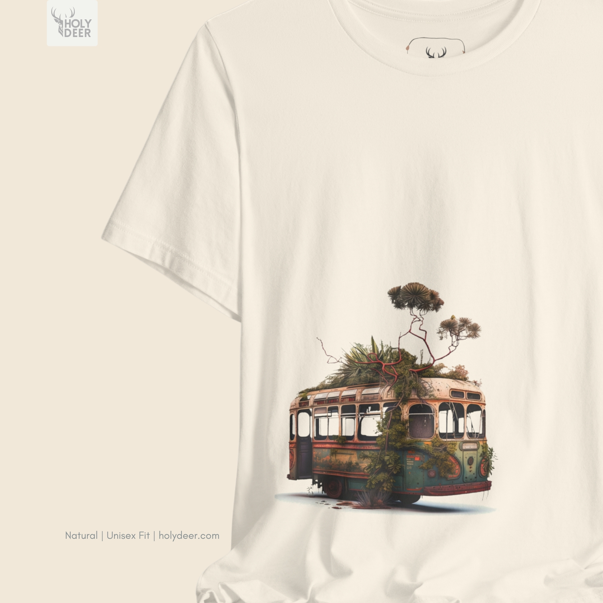 A candid industrial concrete underpass outdoor lifestyle photo featuring an alternative visual curator wearing the official Surreal Bus Tee by Holydeer Clothing, blending seamlessly into raw quiet chaos tee and dynamic visual art tshirt settings.