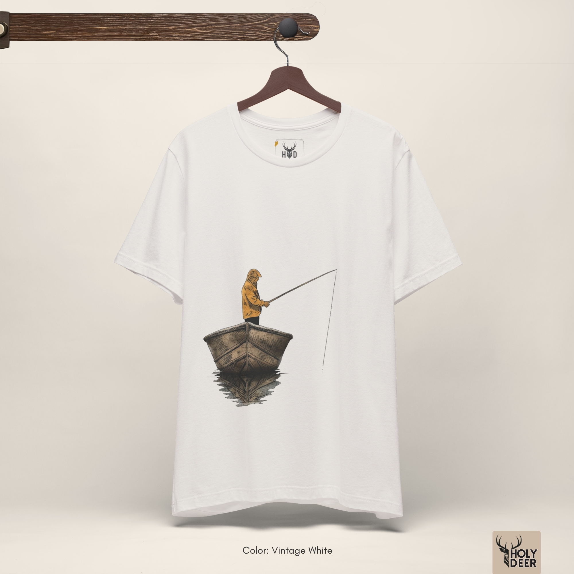 A candid misty morning lake dock photo featuring a model wearing the official fishing tshirt by Holydeer Clothing, blending seamlessly into raw indie creator wear and dynamic aesthetic fishing environments.