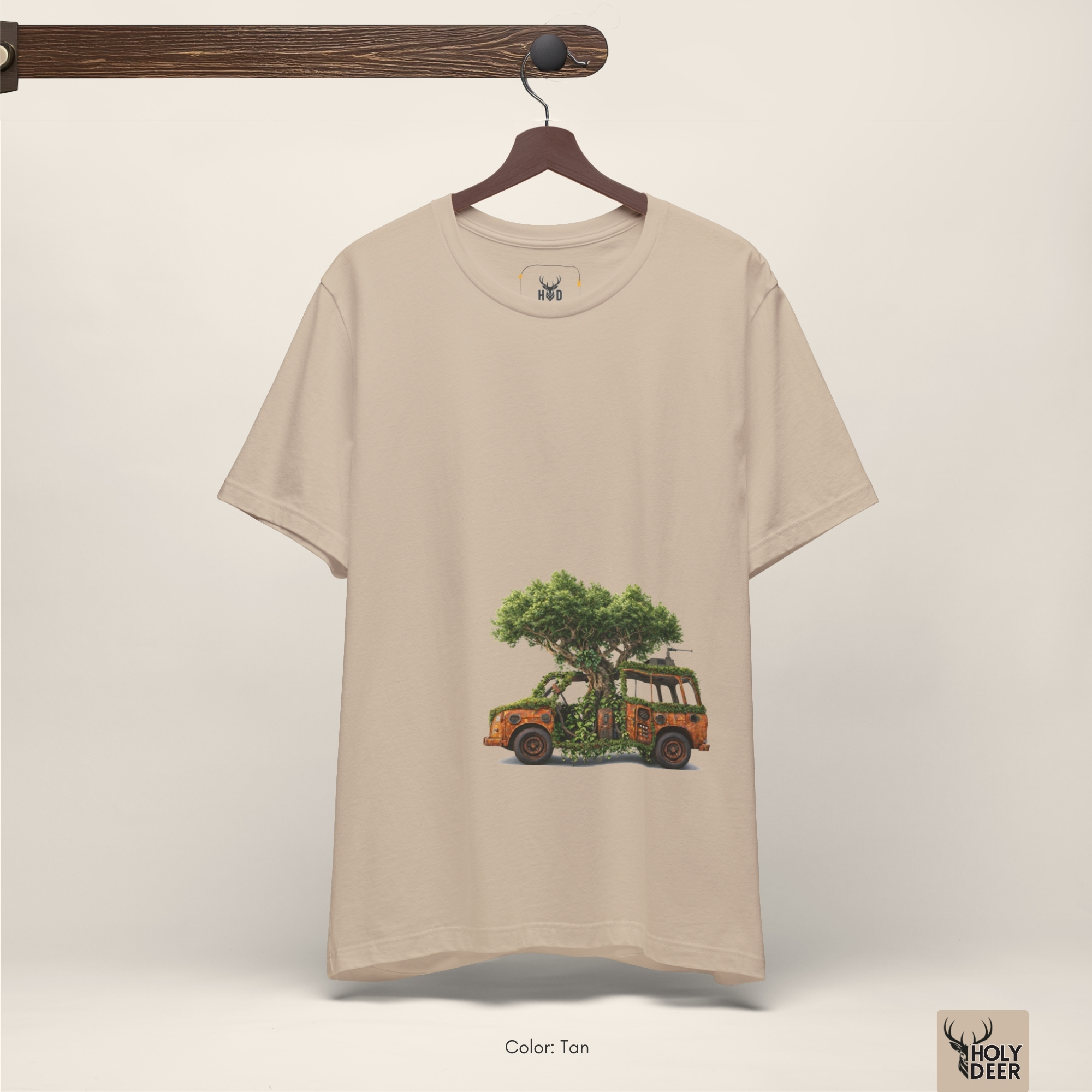 The iconic Nature Reclaim Tee hanging cleanly on a luxury wood hanger, highlighting the robust neckline structure, crisp bottom-weighted cinematic layout flow, and the official holydeer.com retail tags.