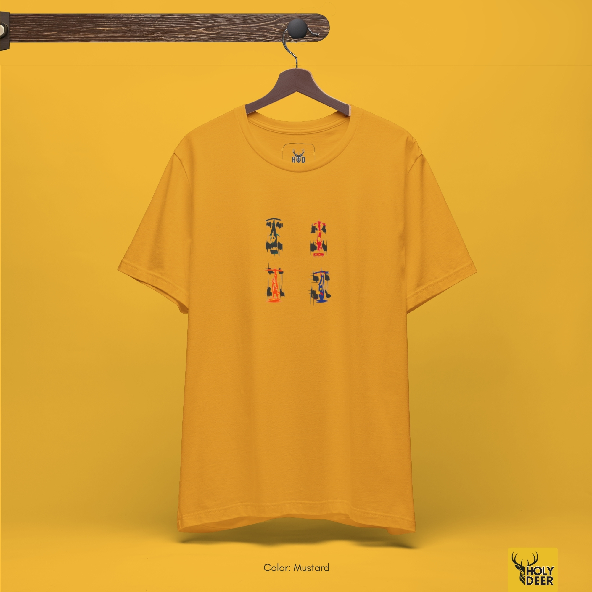 Angled perspective of the premium screen-printed f1 tshirt, detailing the thick livery paint feel, racing tshirt alignment, and the signature holydeer tee high-contrast f1 gift look.