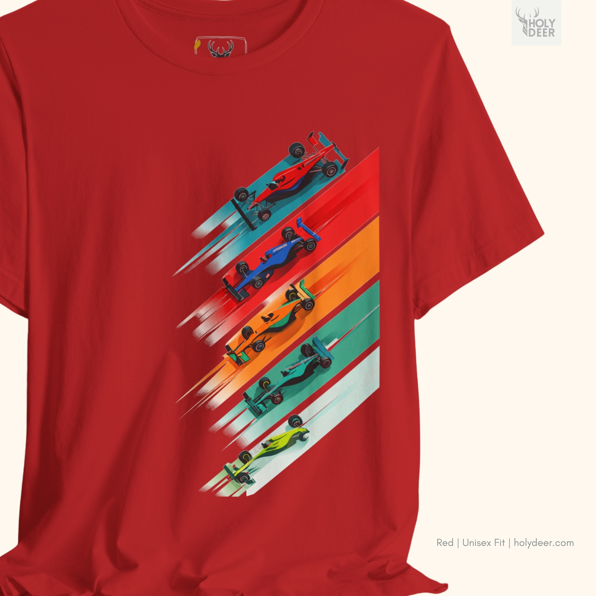 The iconic formula 1 gift hanging cleanly on a luxury wood hanger, highlighting the robust neckline structure, vertical racing graphic tee flow, and the official holydeer.com retail tags.