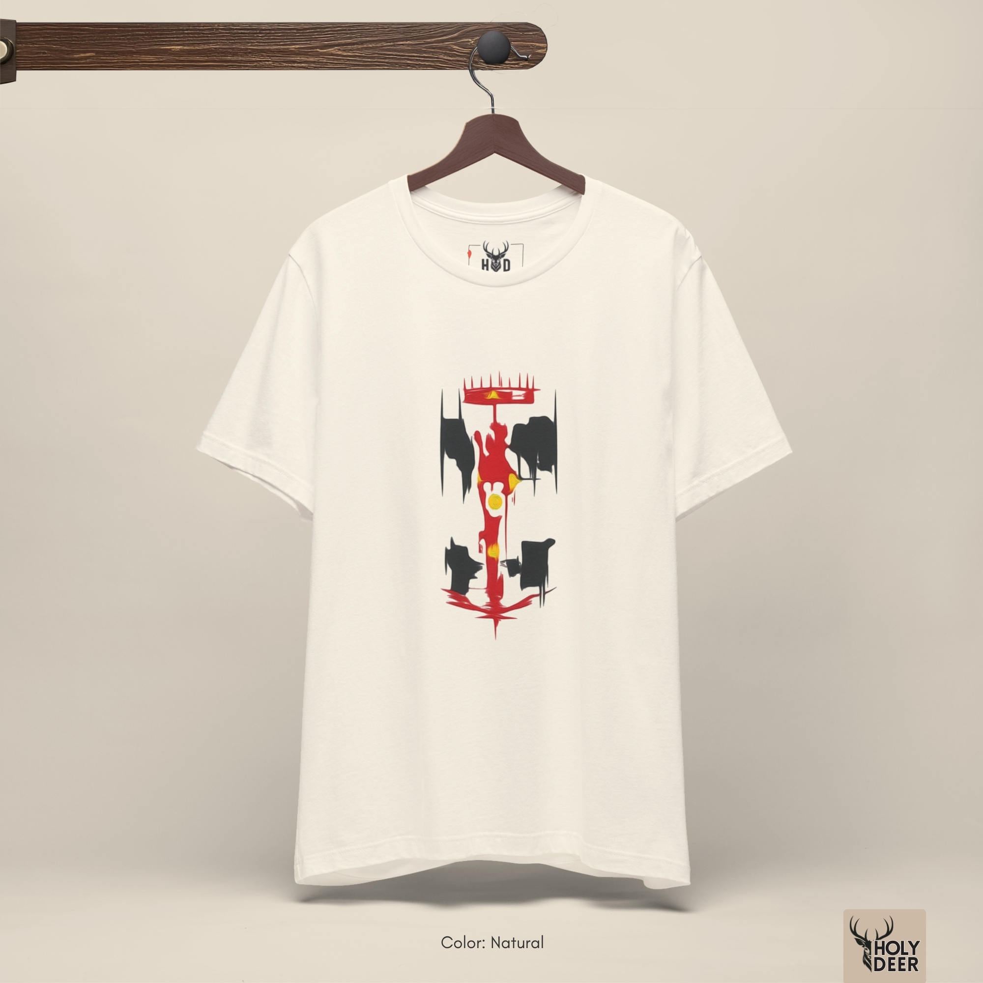 Professional flat lay photography of the formula 1 shirt by Holydeer Apparel, arranged neatly next to retro formula 1 gift ideas and high-end aesthetic motorsport tshirt sketches.