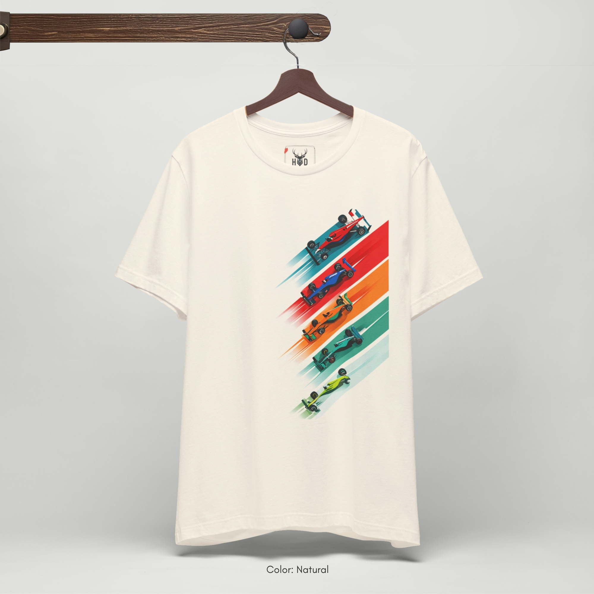 Dark shadow studio backdrop framing the unique formula 1 gift by Holydeer Streetwear, magnifying the clean off-centered f1 tshirt placement and premium racing graphic tee presentation.