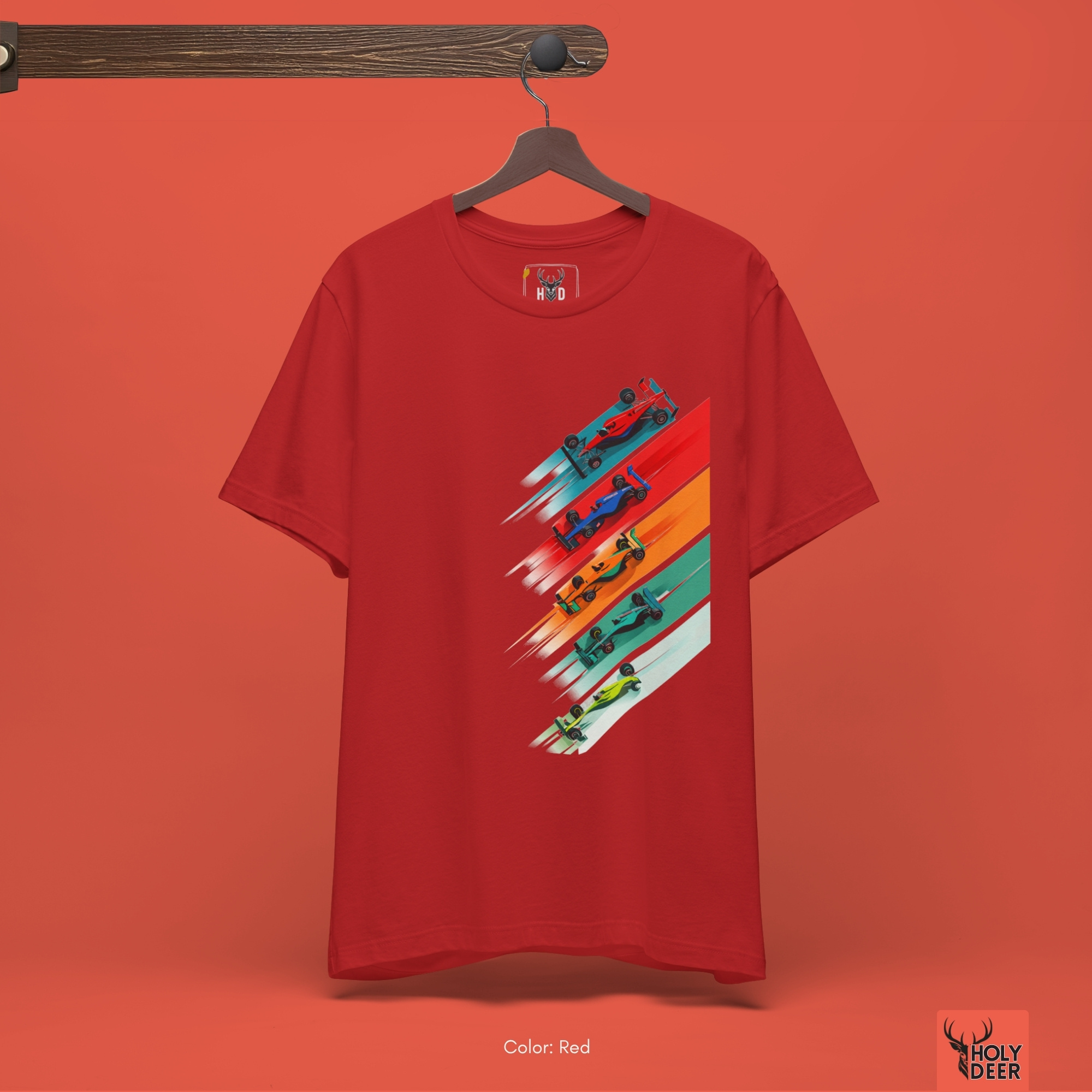 Minimalist crisp white backdrop focusing heavily on the standalone frame of the formula 1 gift by Holydeer, proving it acts as a unique f1 gift and an essential formula 1 shirt piece.