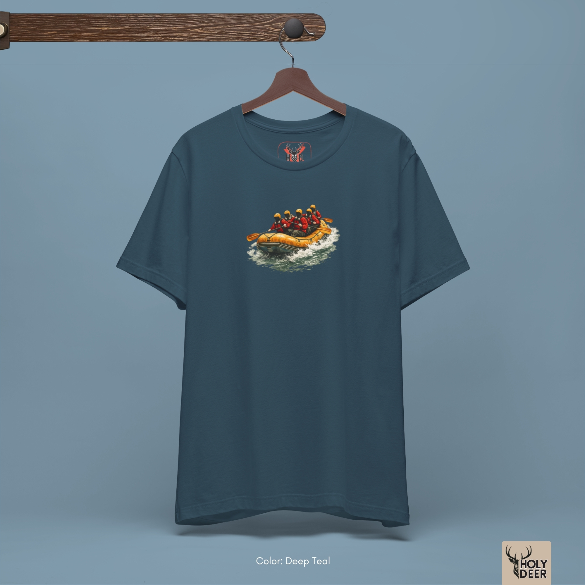 River gorge concrete bridge lifestyle model wearing the centered Rafting Tee from Holydeer Clothing, standing as a high-end extreme sport shirt statement matching elite nature adventure trends.