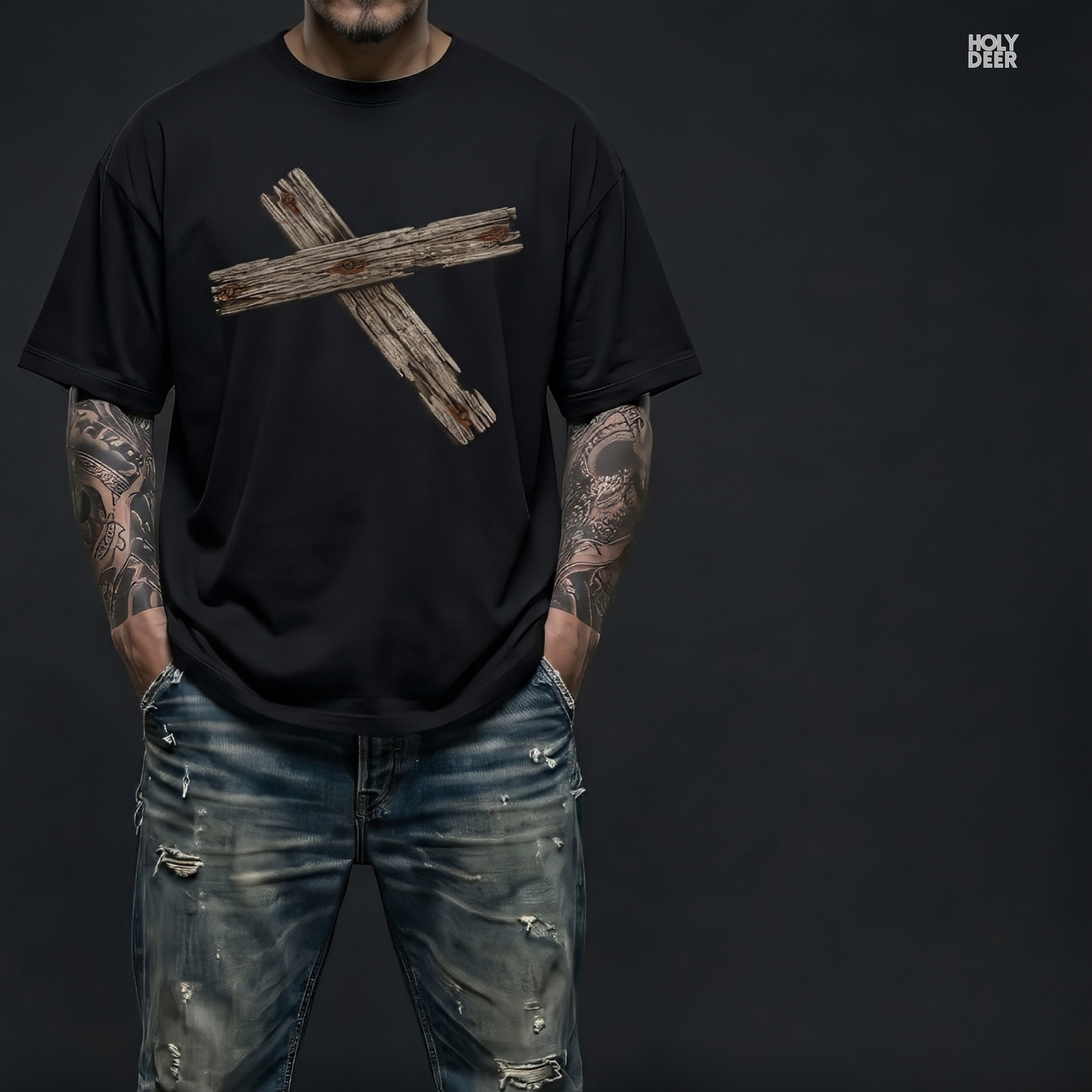 Modern brutalist industrial sawmill concrete architecture outdoor lifestyle model wearing the centered Wooden Cross Tshirt from Holydeer Clothing, standing as a rustic cross tee statement matching elite distressed cross tee trends.