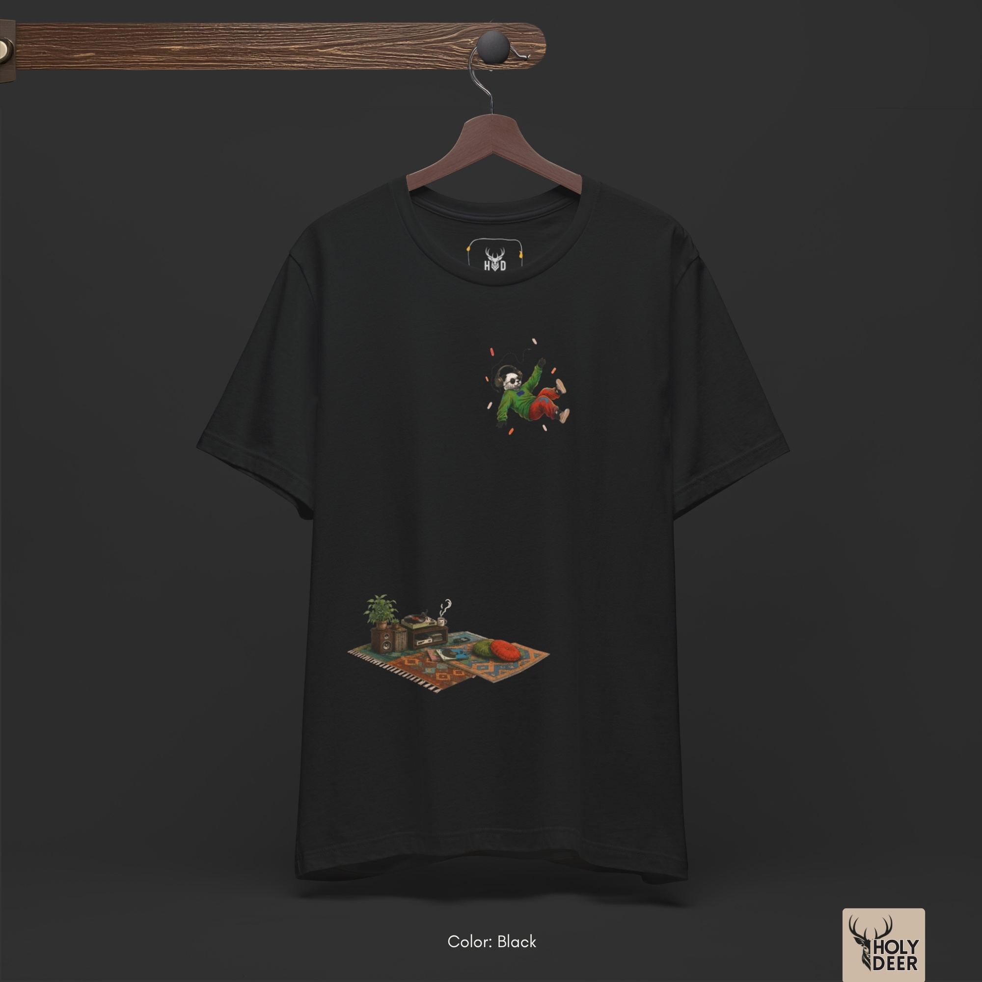 Urban lifestyle model wearing the asymmetrically balanced Music Panda Tee from Holydeer Clothing, standing as a high-end vinyl lover top statement matching elite aesthetic music art trends.