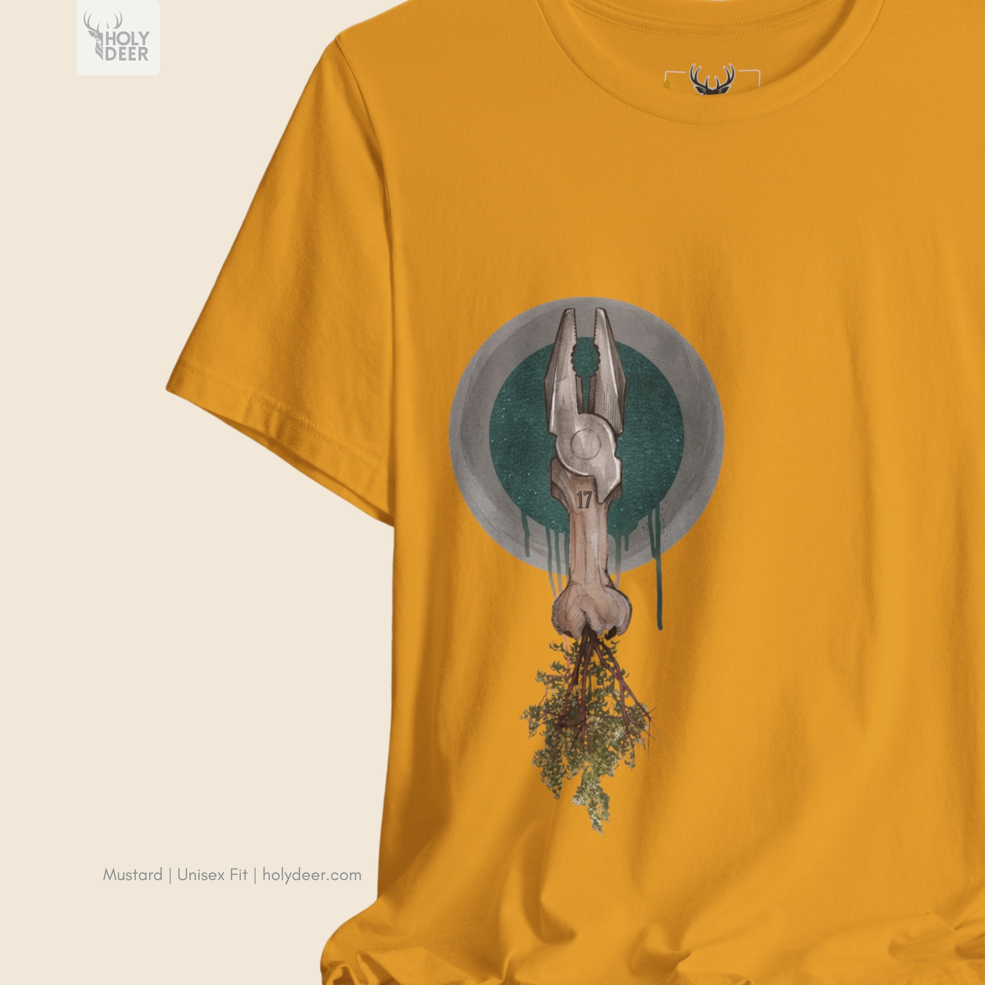 Minimalist dark backdrop focusing heavily on the standalone frame of the Organic Tool Tee by Holydeer, proving it acts as a unique wearable art piece and an essential tool meets nature collectible.