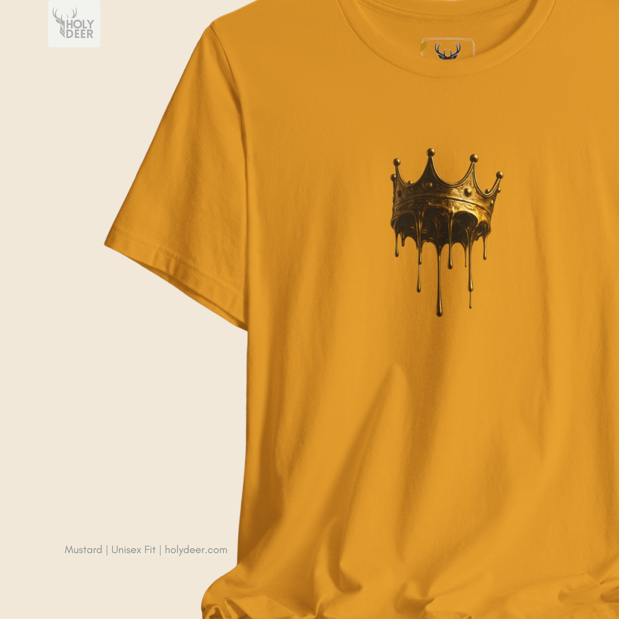 Minimalist dark backdrop focusing heavily on the standalone frame of the Drip Crown Tee by Holydeer, proving it acts as a unique wearable art piece and an essential gold drip crown collectible.