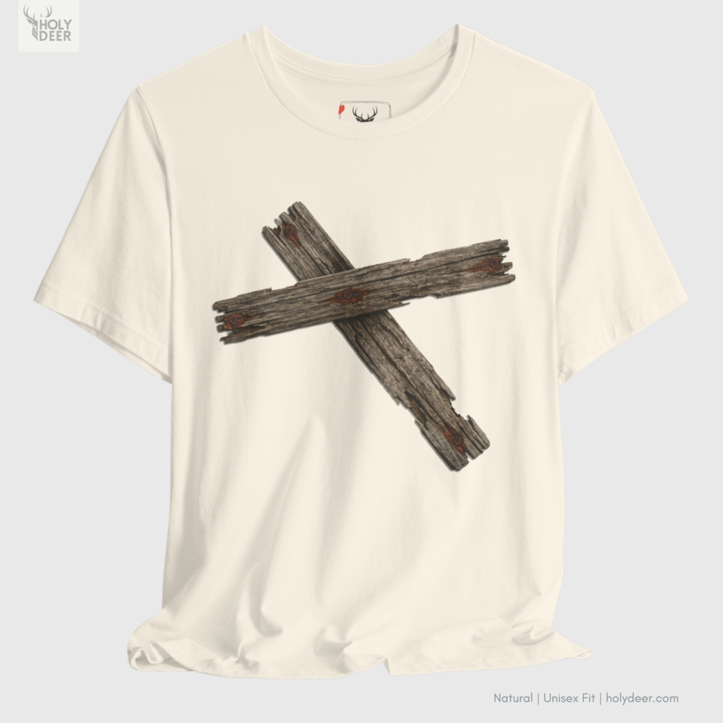 Minimalist dark backdrop focusing heavily on the standalone frame of the Wooden Cross Tshirt by Holydeer, proving it acts as a unique wearable art piece and an essential grunge cross shirt collectible.
