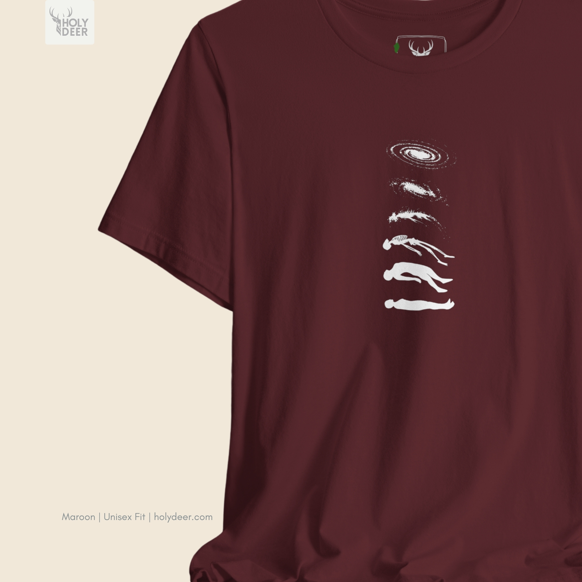 Soft stellar ray shadow studio backdrop framing the unique Cosmic Evolution Tee by Holydeer Streetwear, magnifying the clean centered dikey sequence placement and premium surreal artist gift presentation.
