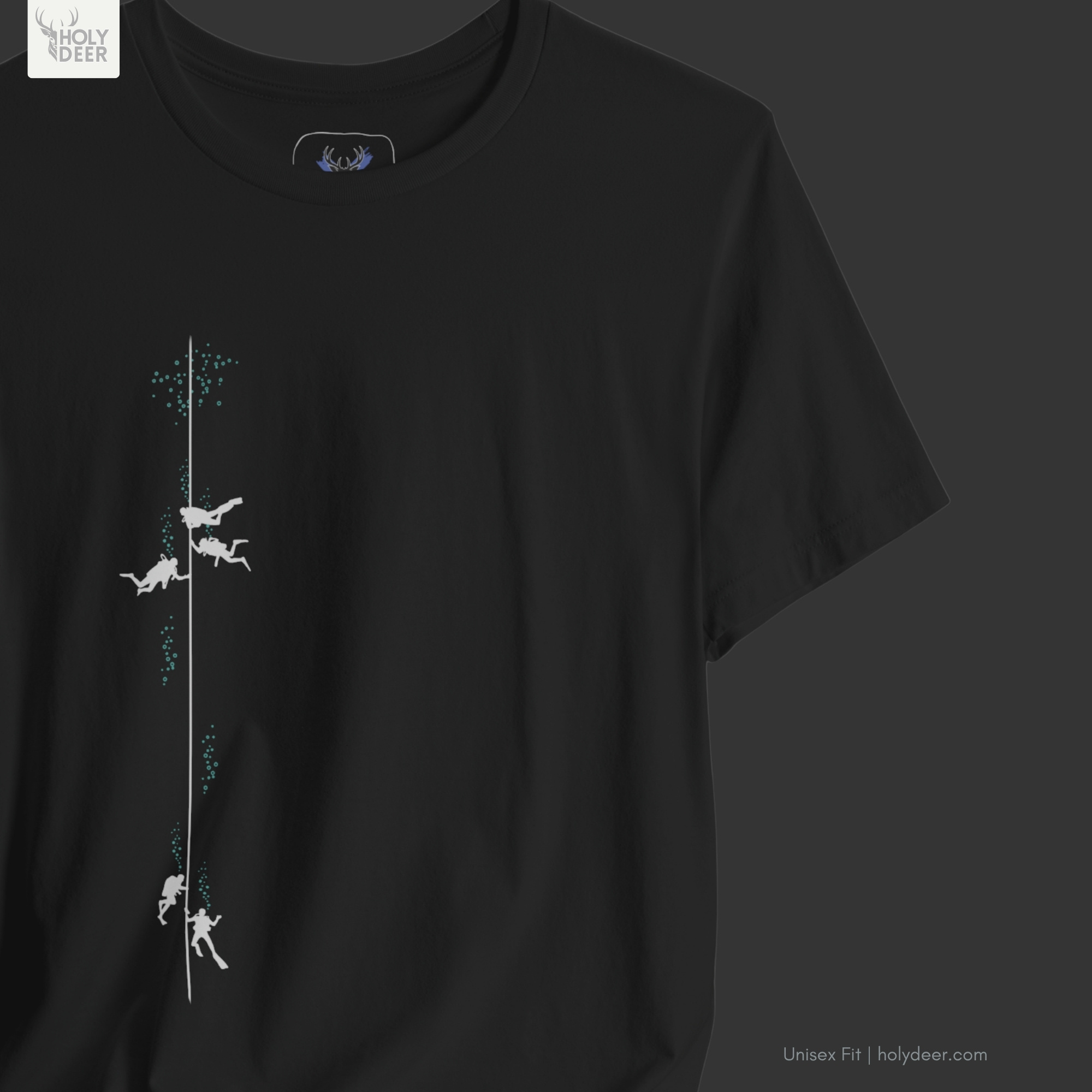 Professional flat lay photography of the Scuba Diving Tee by Holydeer Apparel, arranged elegantly next to premium marine explorer logs and high-end nautical sport wear accessories.